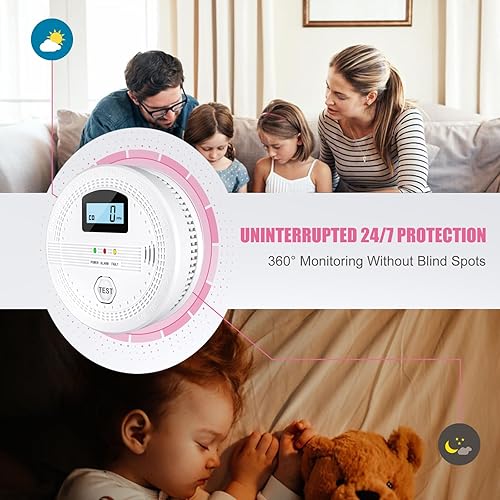 Miniatura 5 de Paquete de 4 detectores de humo y monóxido de carbono, alarma de incendio de CO y humo 2 en 1 para el hogar, alarma de CO combinada con humo con