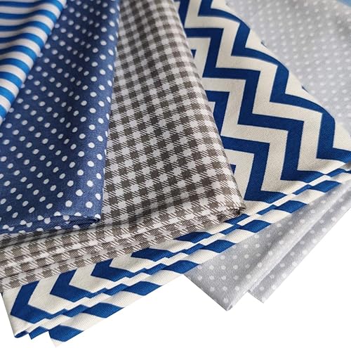 Miniatura 3 de 7 piezas de tela de acolchado de algodón, azul y gris, paquetes de parches estampados cuadrados, lunares ondulados, tela a rayas para coser