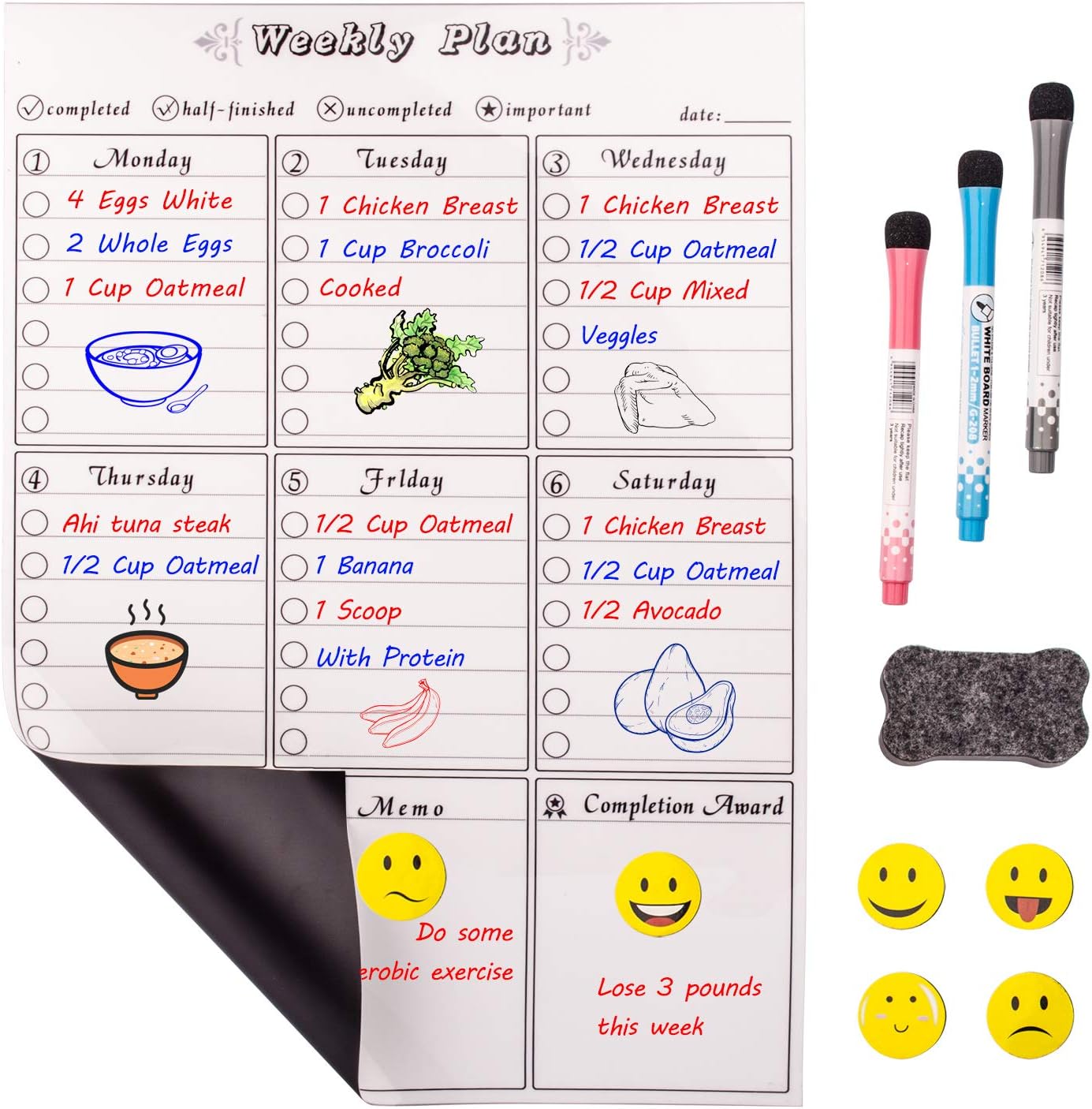 Prefer Green Magnetic Dry Eraser Board, 17" x 12" Kitchen Refrigerator Calendar Whiteboard with Stain Resistant Technology, Organizer & Weekly Planner, Include 1 Eraser, 3 Markers & 6 Magnets