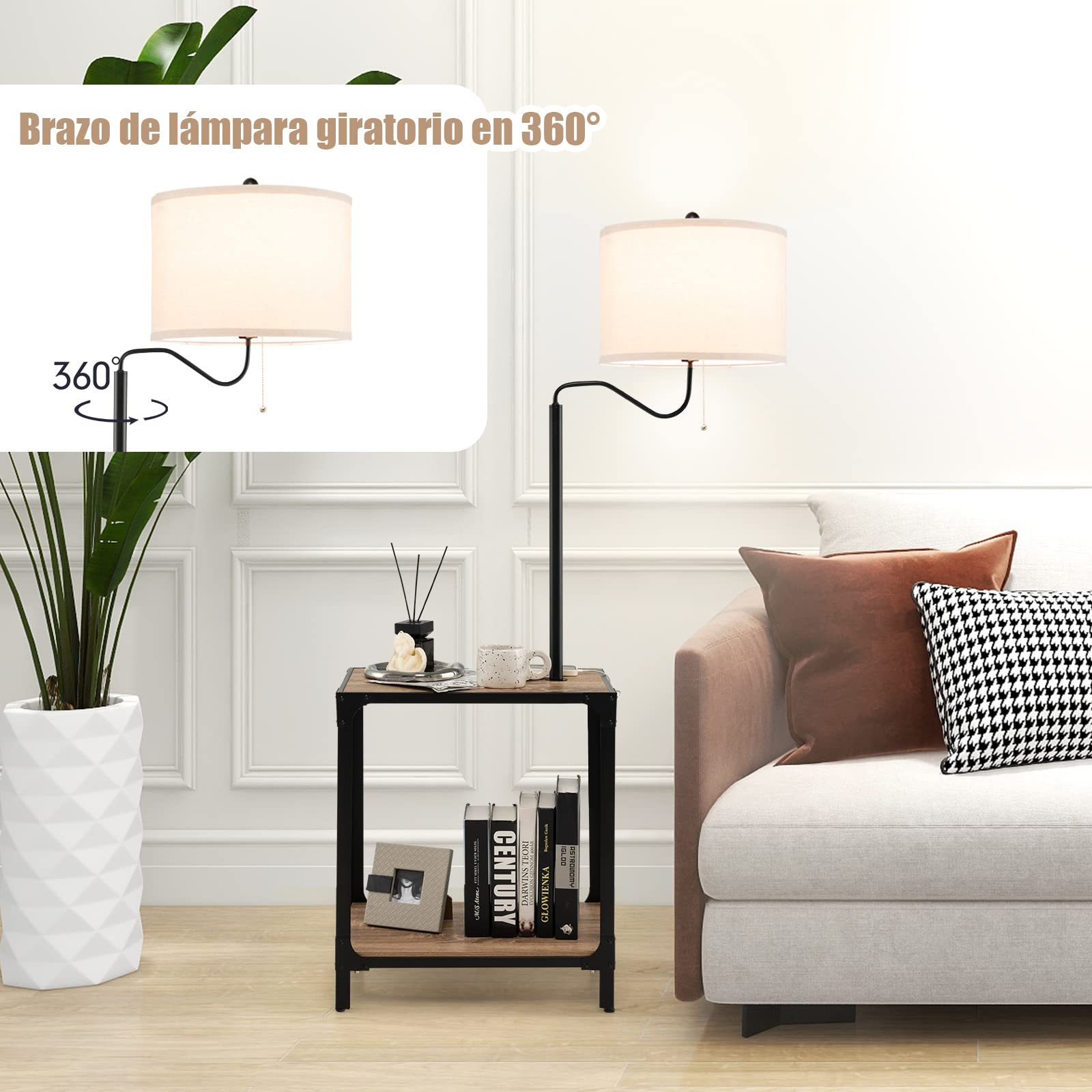 COSTWAY Lámpara de Pie con Mesa y Puertos de Carga USB, Lámpara de Mesa con Brazo Giratorio de 360°, Lámpara de Lectura de Pie Mesita de Noche para Salón, Dormitorio