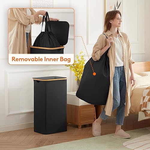 Miniatura 3 de Lifewit Cesta de lavandería de 100 litros con tapa, cestas de ropa para lavandería con asas de bambú y una bolsa de lavandería extraíble, cesta
