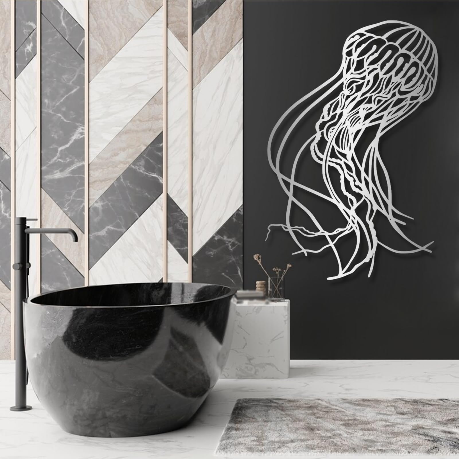 Décoration murale métal méduse argent 62x92cm pour salon