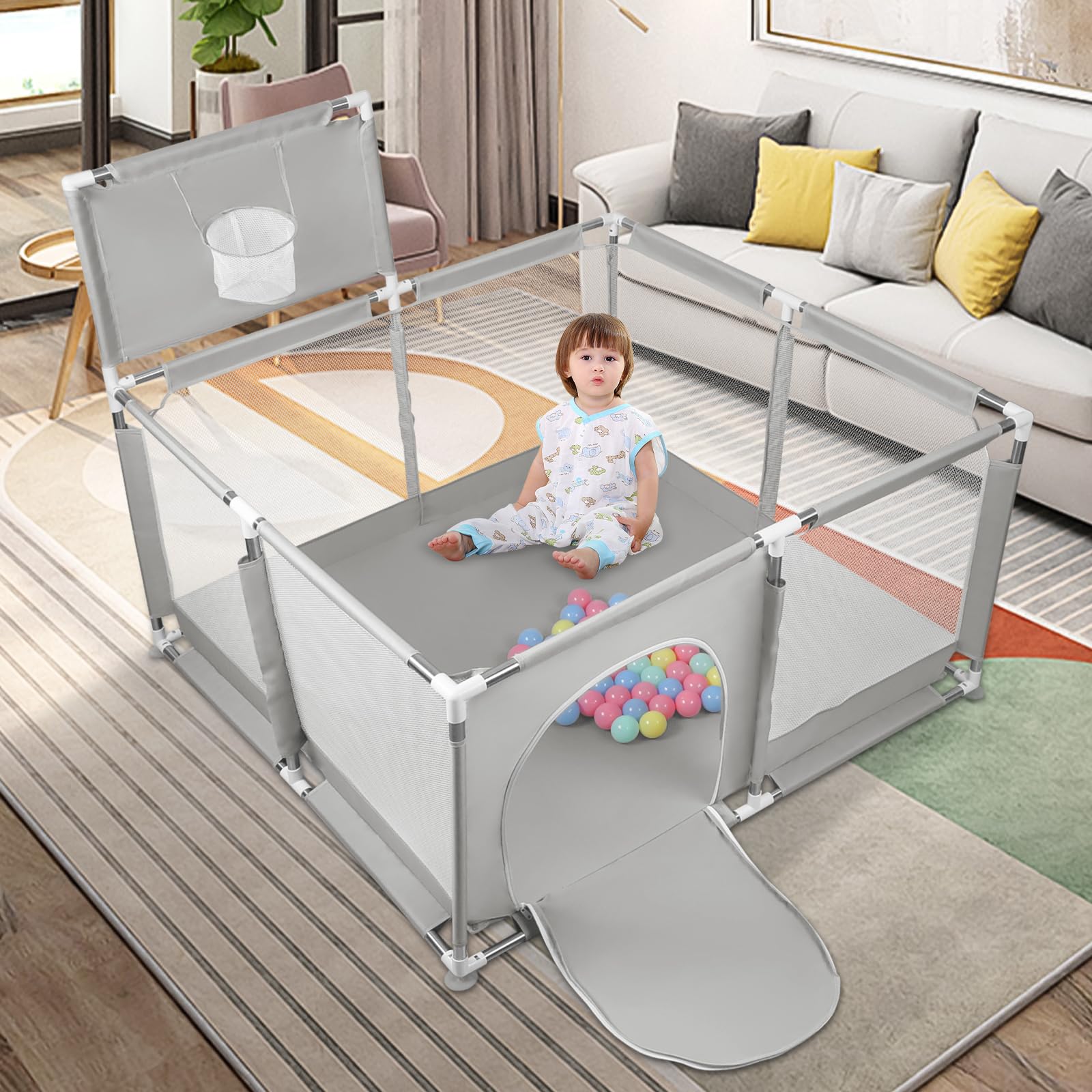 Parc Bébé,grand parc pour enfant en bas âge, Filet Respirant et Ventouses Antidérapantes, pour Enfants en Tissu Oxford 210D, Parc de Jeu Intérieur et Extérieur (126 x 126 x 66 cm (A) Gris clair)