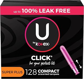 U by Kotex Click Compact Tampons, Super Plus Absorbency, Unscented, 128 Count (8 packs of 16)