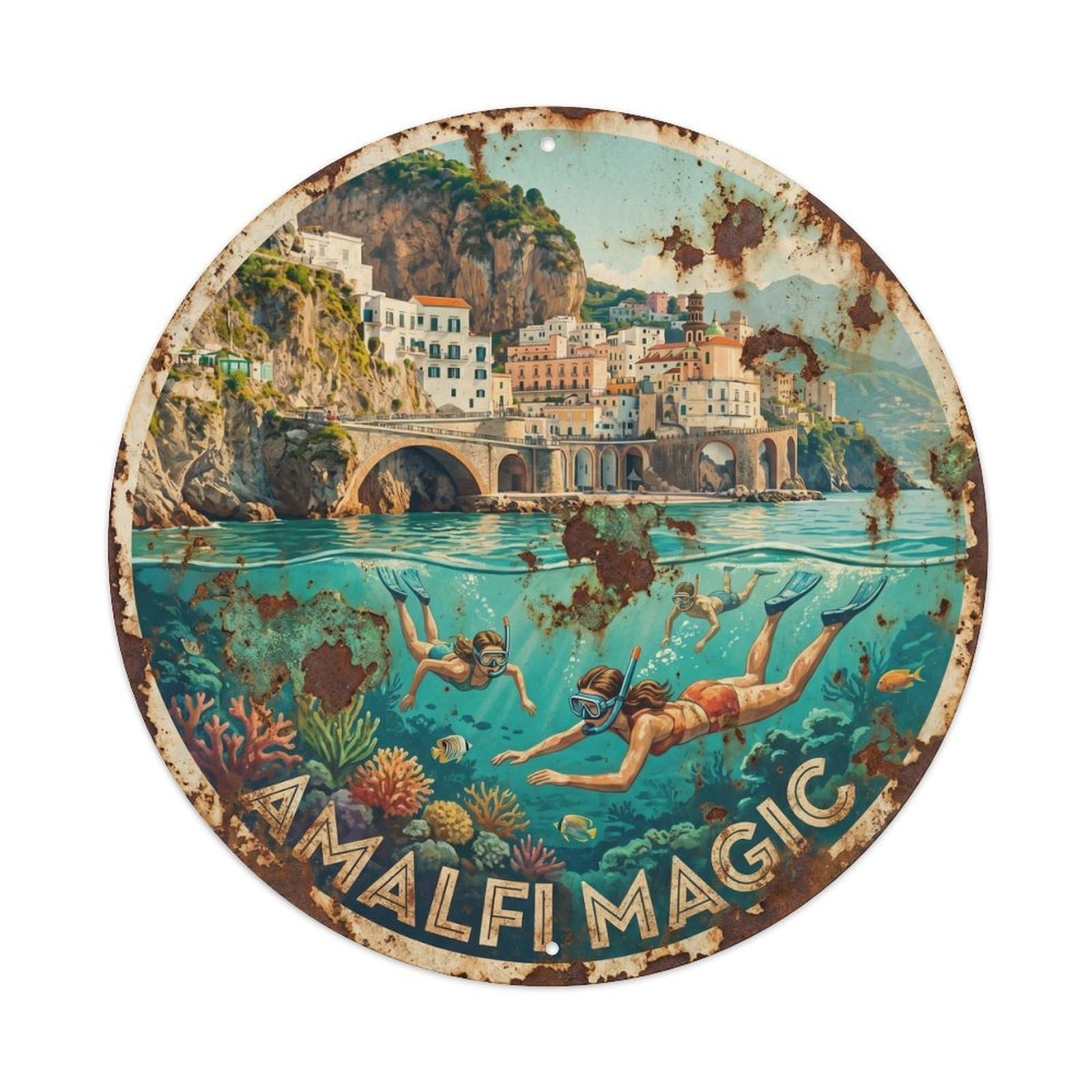 Vintage Travel Amalfi Coastal Snorkeling Adventure 1 Metal Tin Sign Plaque Wall Decor for Cafe, Club, Garden Round Metal Poster 8x8Inch