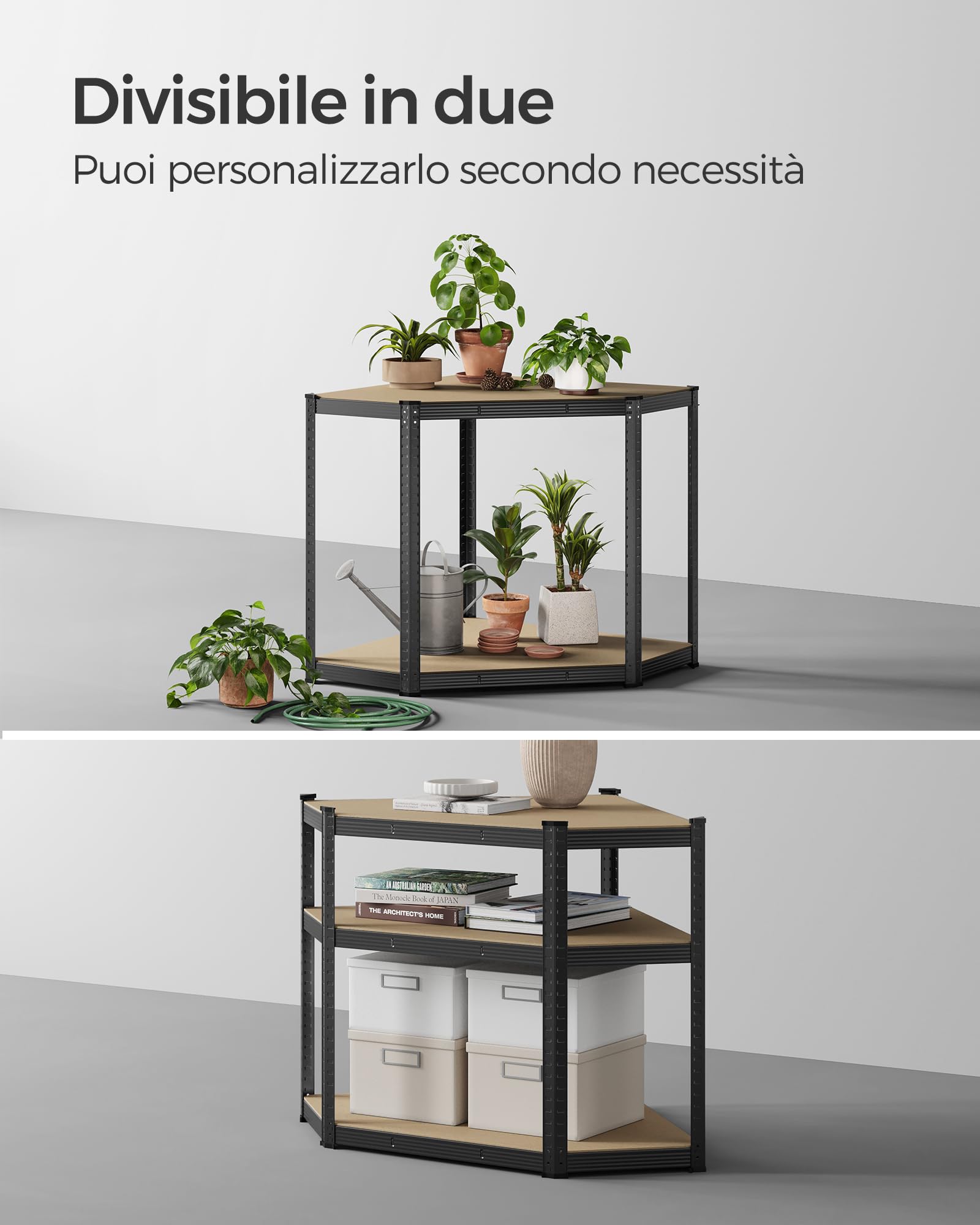SONGMICS Scaffale Angolare a 5 Ripiani, Scaffalatura ad Angolo in Acciaio per Carichi Pesanti, per Garage, Ripostiglio, Magazzino, Portante 875 kg, Nero Inchiostro e Beige Naturale GLR080B01