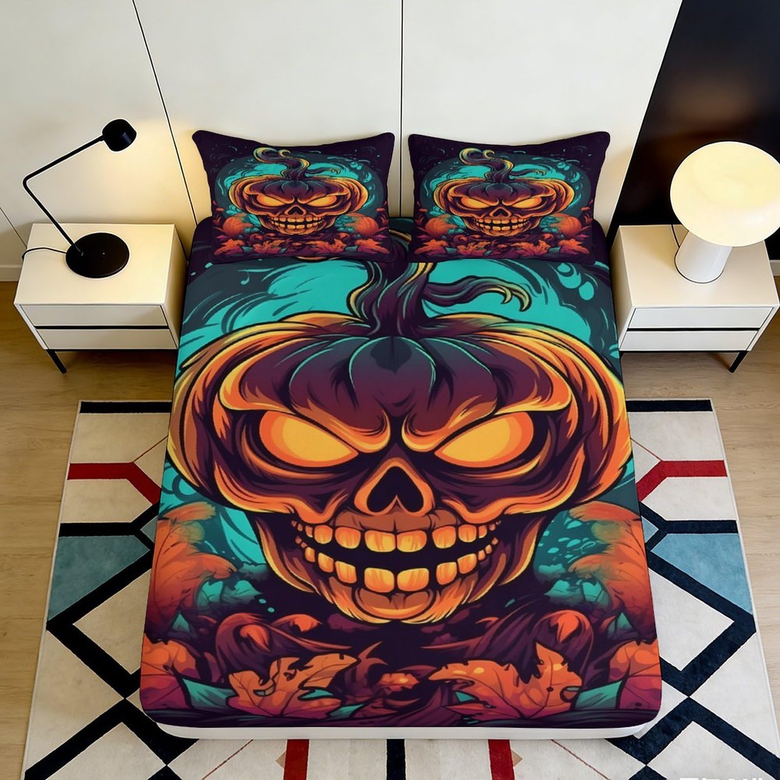 3D Printed Halloween Pumpkin Skull Fitted Sheet Microfiber Orange Black Mattress Cover for Bedroom Guest Room Decor 90x200x25cm