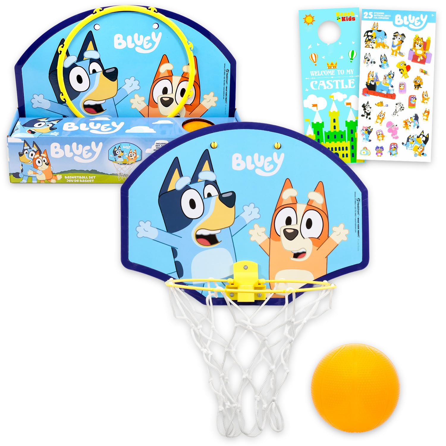 Bluey Basketball Hoop Set - Bundle with Indoor Basketball Hoop Sports Toy Plus Stickers, More | Bluey Toys and Games for Kids, Boys, Girls
