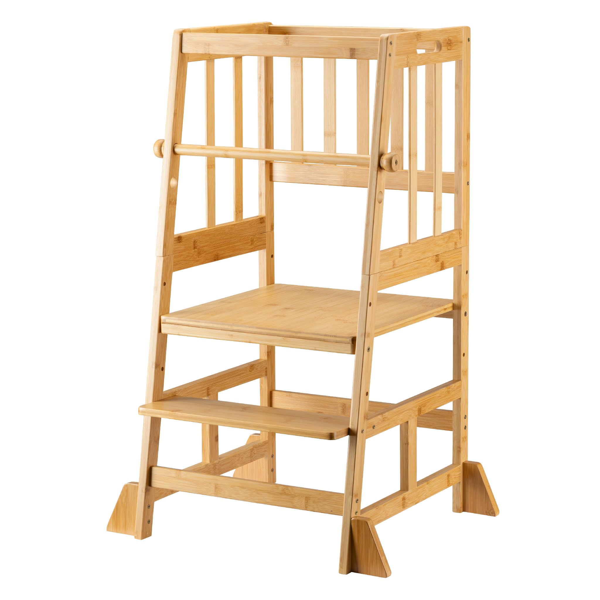 Wiltec Kinderstuhl Lernturm 57 x 46 x 90 cm aus Bambus, Lernstuhl für Kinder mit Geländer, Stehturm mit Schutzstab