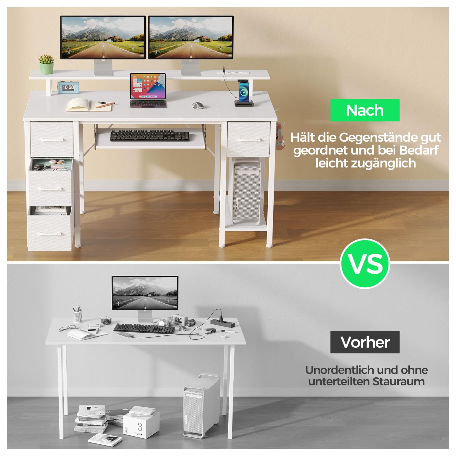 Rolanstar Schreibtisch mit Schubladen, 120x47cm Gaming Tisch mit Steckdose, LED & Monitorständer, Computertisch mit Tastaturablage, Gaming Schreibtisch für Home Office, Büro, Wohnzimmer, weiß