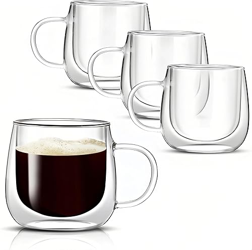 WEECHUNG Juego de 2 tazas de café de vidrio de doble pared de 12 onzas, tazas de café de vidrio aisladas, tazas de café altas con asa, tazas de café