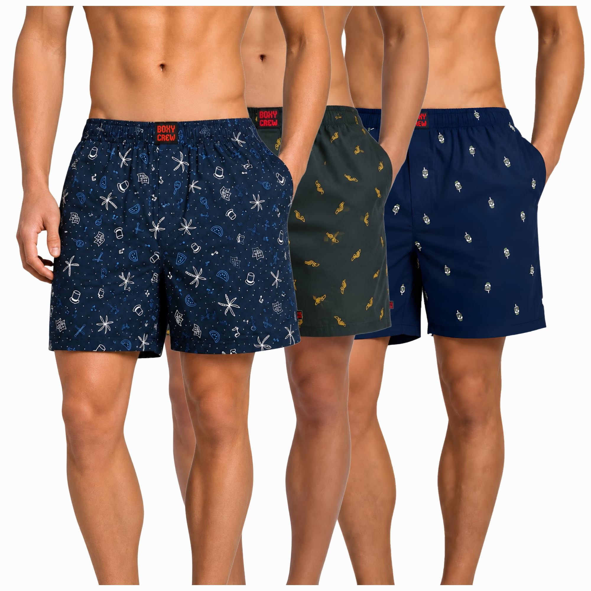 Men's 100% Cotton Boxer Shorts Pack of 3, Navy Blue, Dark Teal & Navy Blue | Woven Boxers with Side Pockets, No-Marks Elastic Waistband, Breathable Relaxed Fit | Style 007-010-011-image-48
