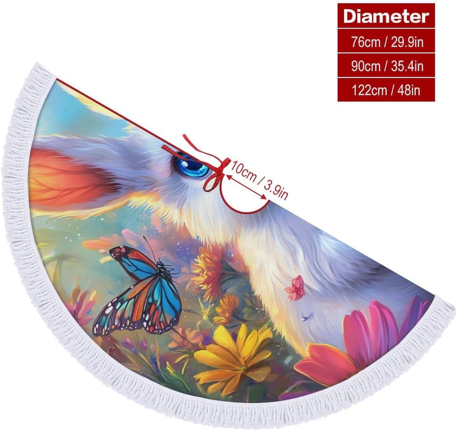 Cute Bunny Flowers Christmas Tree Skirt Round Xmas Tree Mat Ornaments Tree Skirts with Tassels for Holiday Party