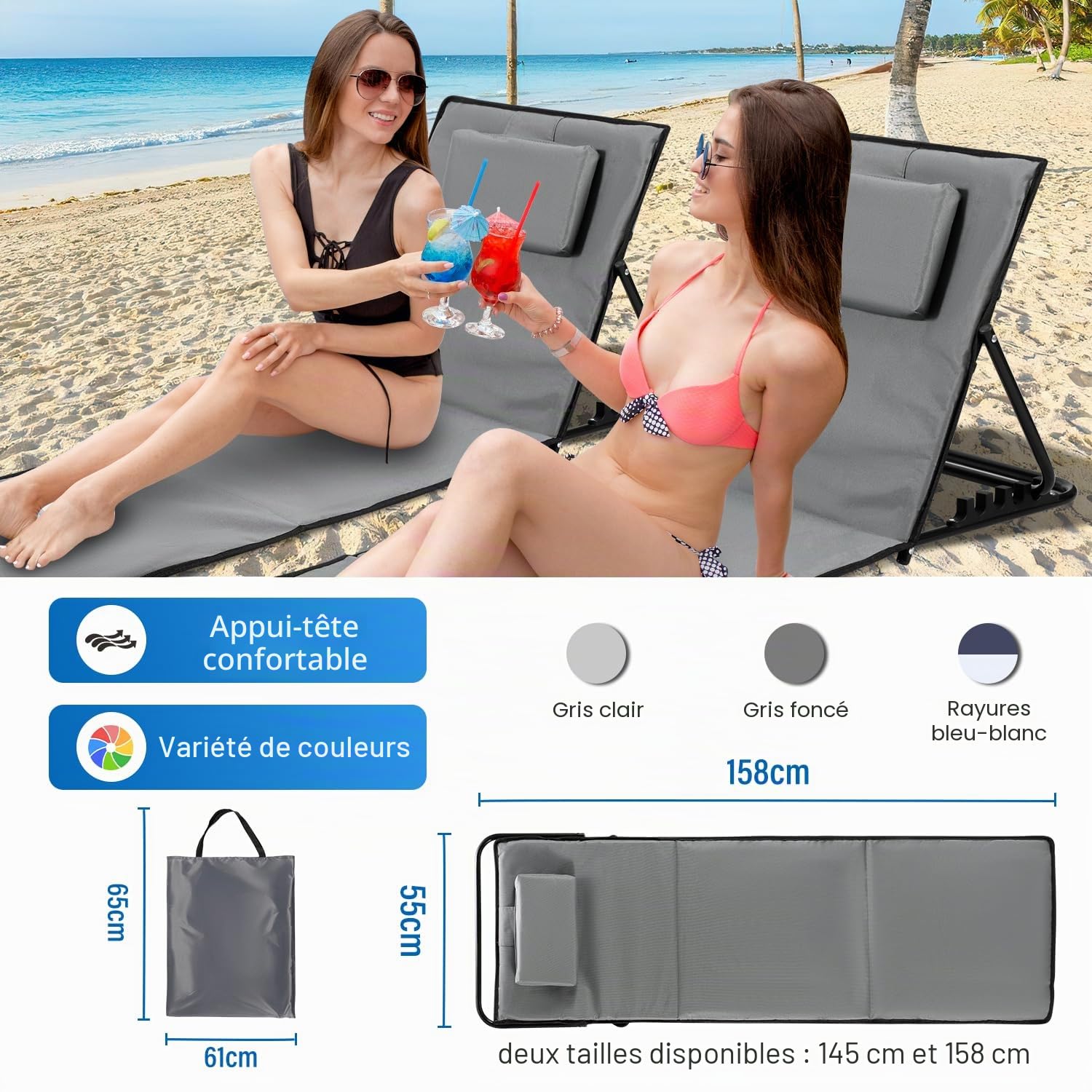 Ikodm Tapis de plage pliable, tapis de plage rembourré, chaise longue de plage avec sac à main, compartiments de rangement, coussin intégré avec réglage à 5 vitesses, tissu résistant à l'usure (158 cm