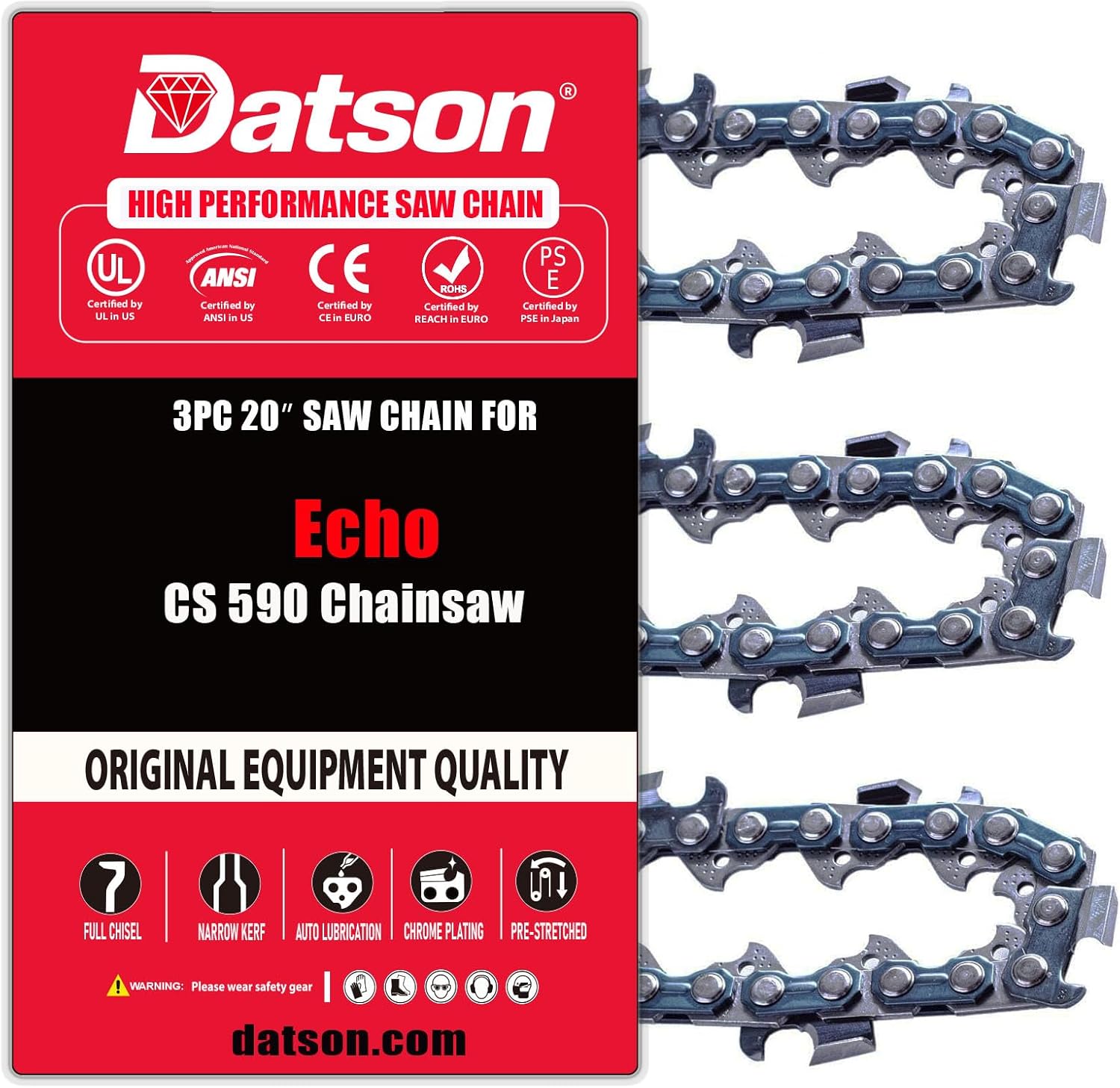 3PC 20 Inch Chainsaw Chain for Echo CS-590-20AA, 20" Replacement Chain for Echo CS 590 Chainsaw- 72LPX70CQ - 3/8" - .050" - 70 DL