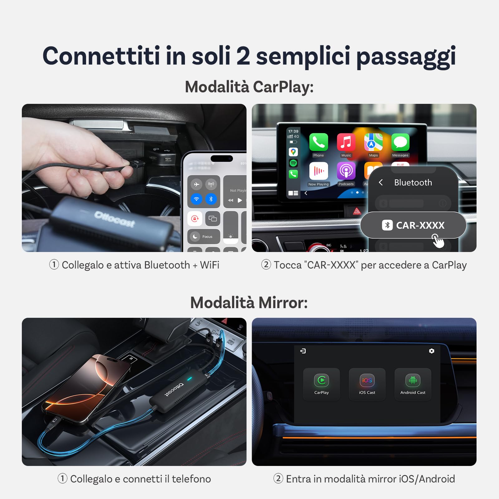[Novità 2025] OTTOCAST Mirror Touch, Adattatore CarPlay Wireless con Controllo Touch Bidirezionale, Funziona con iPhone 15+ e Telefoni Android con Funzione DP per Auto con CarPlay Cablato di Fabbrica