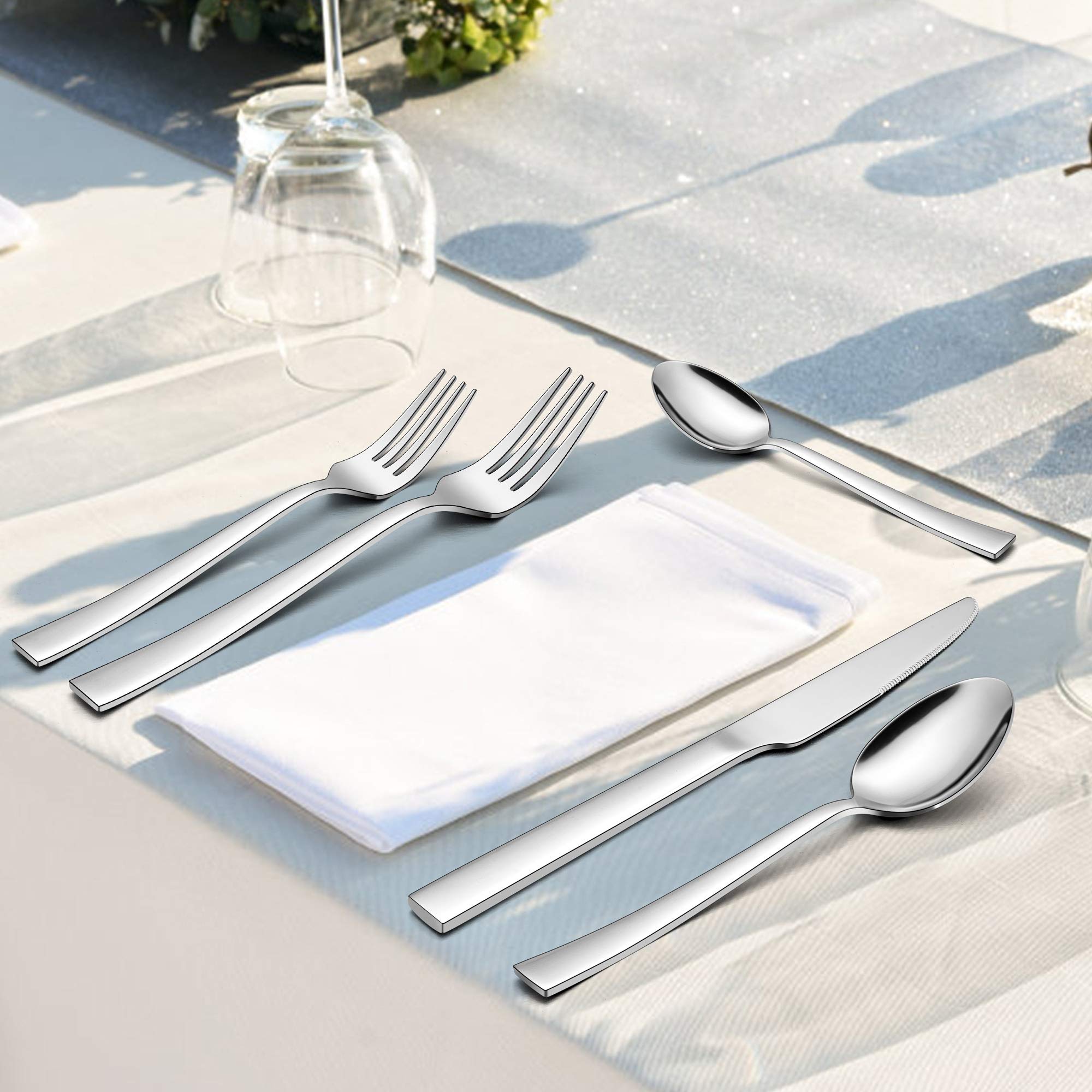 LIANYU Juego de 60 cubiertos de acero inoxidable con bandeja, cubiertos cuadrados para 12 platos, vajilla para restaurante en casa, apto para lavavajillas, pulido espejo