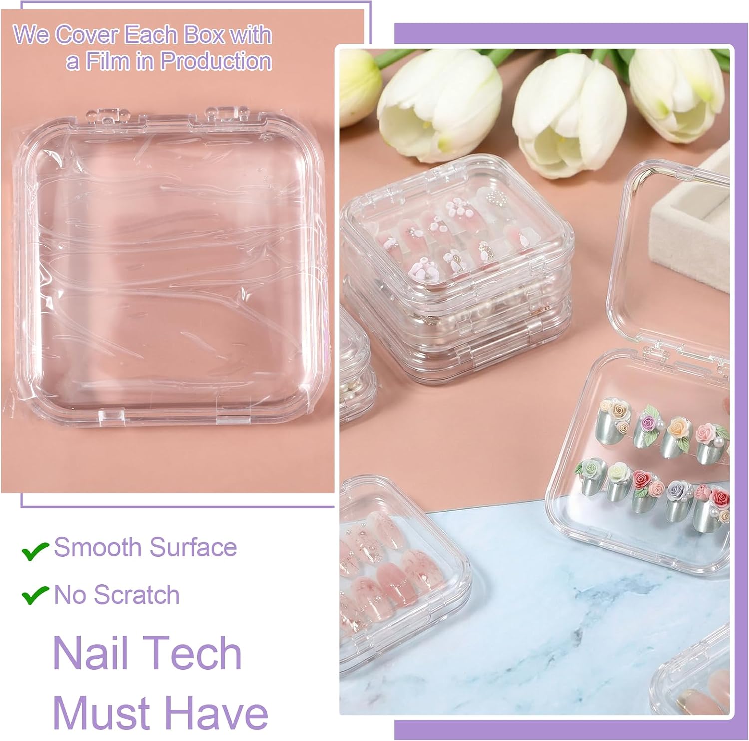 50 Sets Press On Nail Storage Box, Clear Artificial Nail Display Case Acrylic Nail Boxes Press On Nail Packaging Box, 120 Adhesive Double Sided Tape Nail Box for Nail Salon Nail Art Business