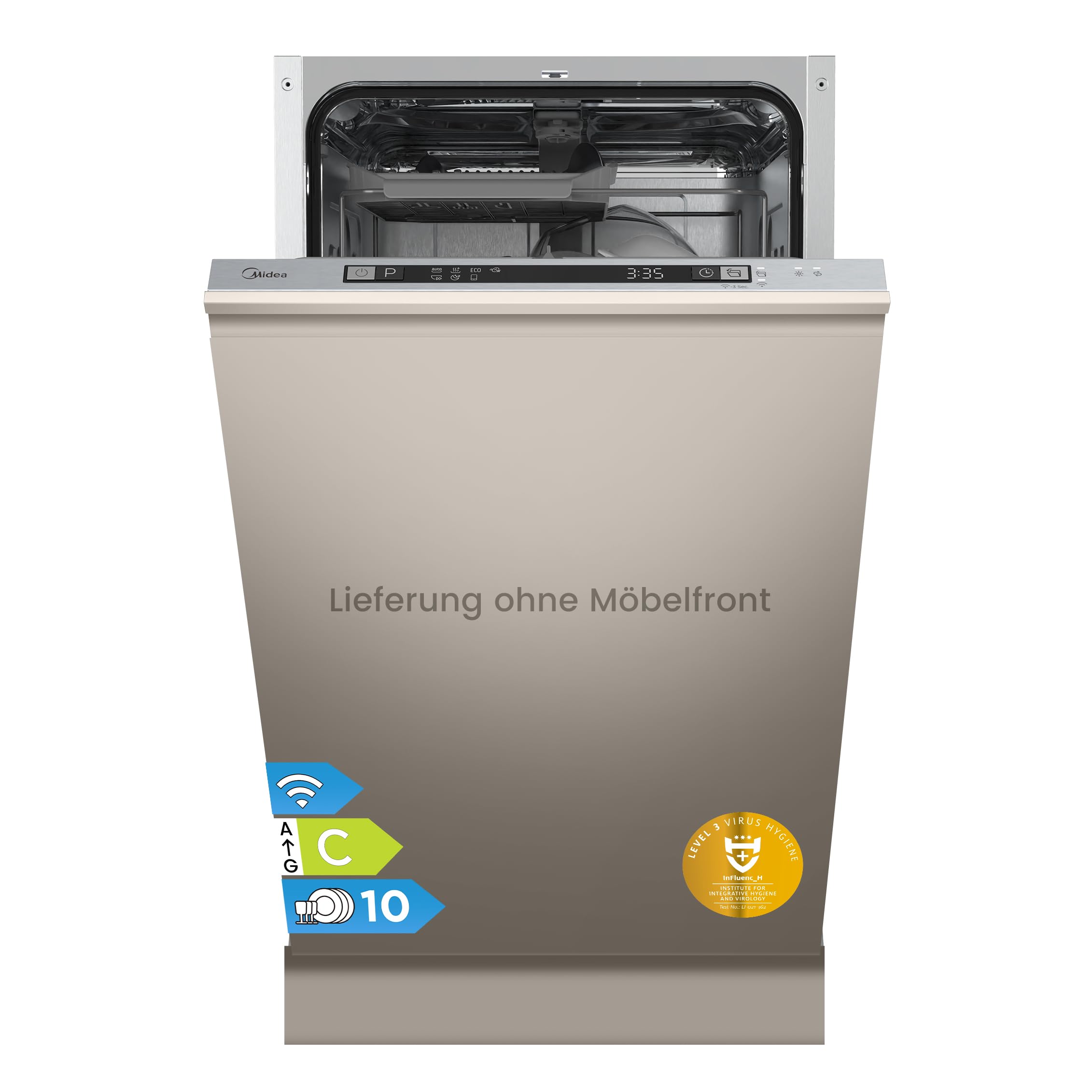 Midea SV 5.14K10C Geschirrspüler Vollintegriert 45cm, 10 Gedecke, Spülmaschine Unterbaufähig mit WIFI, 8 Programme, 44 dB, Automatische Türöffnung, 0-24H Startverzögerung, Inox