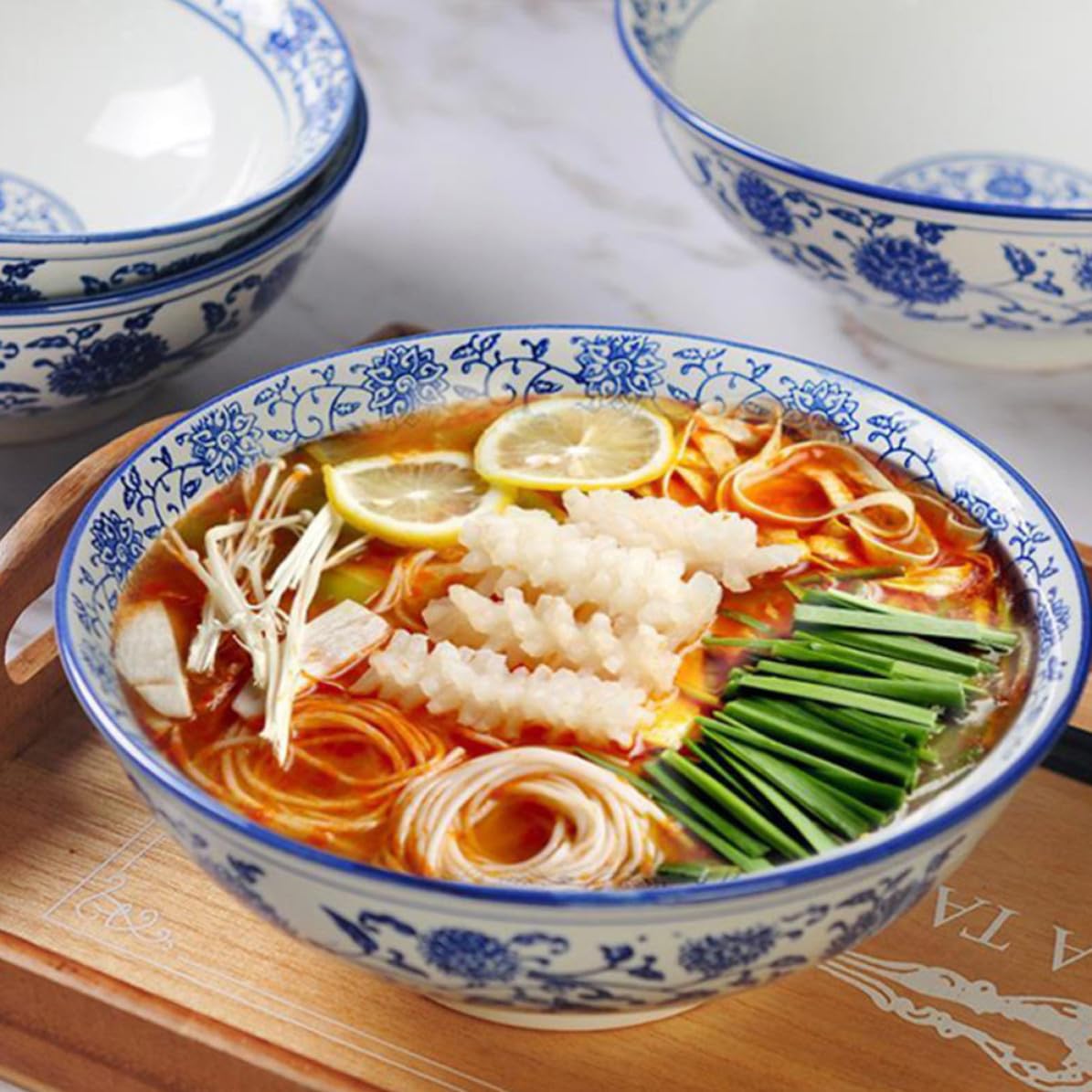 GALPADA 2 Stück Vintage Ramen Schüssel aus Blauer Keramik Große Retro Suppenschüssel für Nudeln und Salat Stilvolle Keramik Nudelschale für Zuhause
