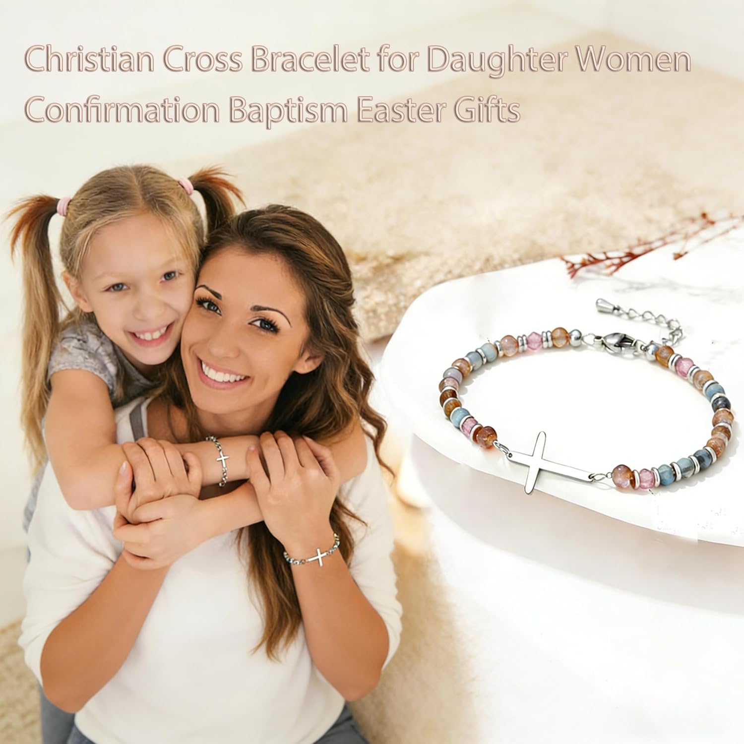 Christian Cross Bracelet for Women Nature Stone Bead Bracelet Confirmation Baptism Easter Gifts Birthday Gifts for Daughter Friends Granddaughter Sister - Image 2
