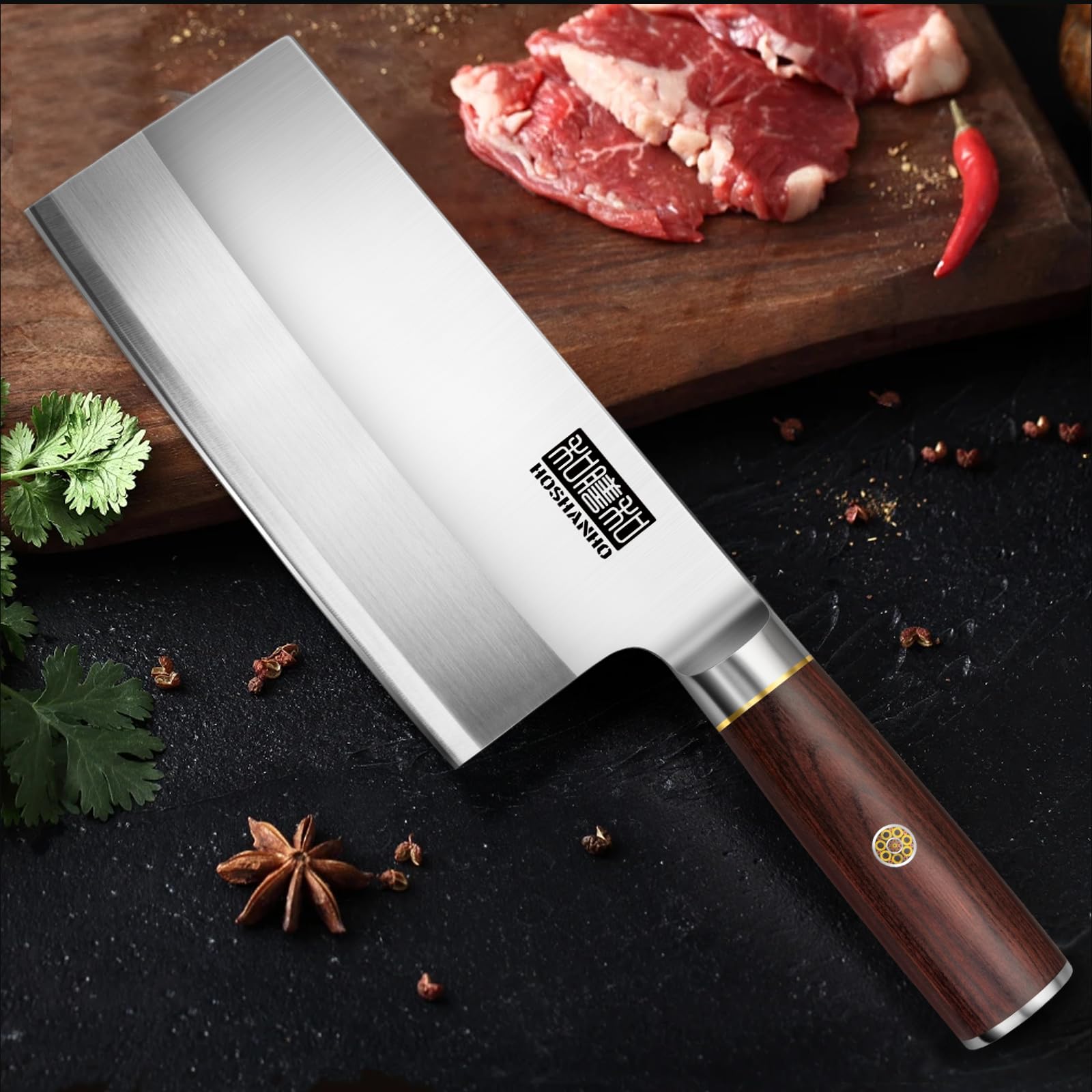 HOSHANHO Ultrascharfes Hackmesser 7 inch, chinesisches Hackmessers aus Pulverstahl und Kohlenstoffstahl, Metzgermesser mit Holzgriff, Fleischerbeil für Zuhause und das Restaurant
