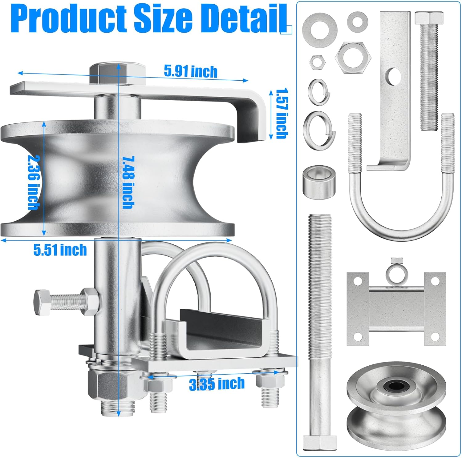 Sliding Gate Rollers Hardware Kit, Galvanized Steel Rolling Gate Wheels with Double U-Bolts, Fits 2" (1-7/8") Gate Frames and 1-7/8" or 1-5/8" Track Pipes for Chain Link Gates-4 Pack