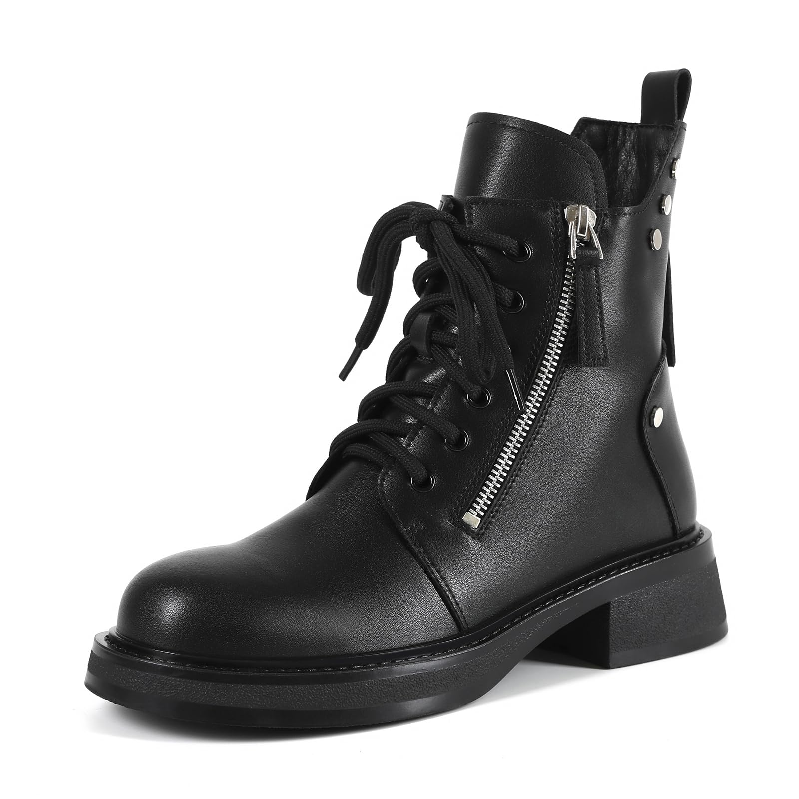 Black Combat Boots Fur Lined Boots for Women Winter Boots Chunky Heel Lace up Ankle Booties with Zip