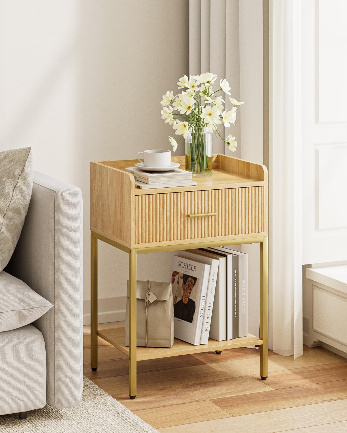 Apetaccat Bedside Table, Nightstand with Large Shelf and Metal Legs, Oak