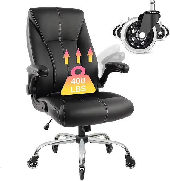Big and Tall Office Chair for Heavy People 400lb, Executive Desk Computer Chair Adjustable Flip-up Armrests, PU Leather Swivel Task Chair with Ergonomic High Back and Lumbar Support