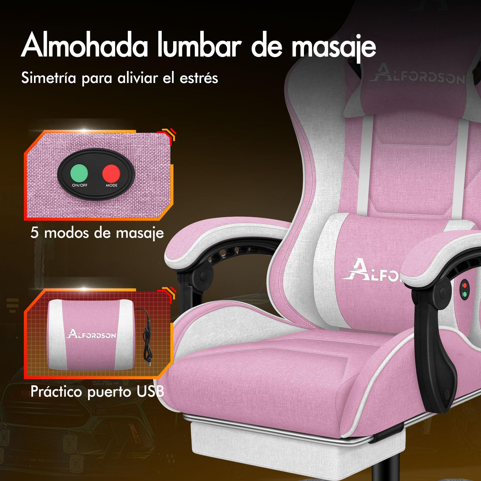 ALFORDSON Silla Gaming Ergonómica con Masaje, Silla Gamer de Oficina con Lumbar Massaggiante, Reposapiés Retráctil,Altura Ajustable,Reclinable 150°,Asiento Cómodo,Soporta 180 kg, Lino(Blanca y Rosa)