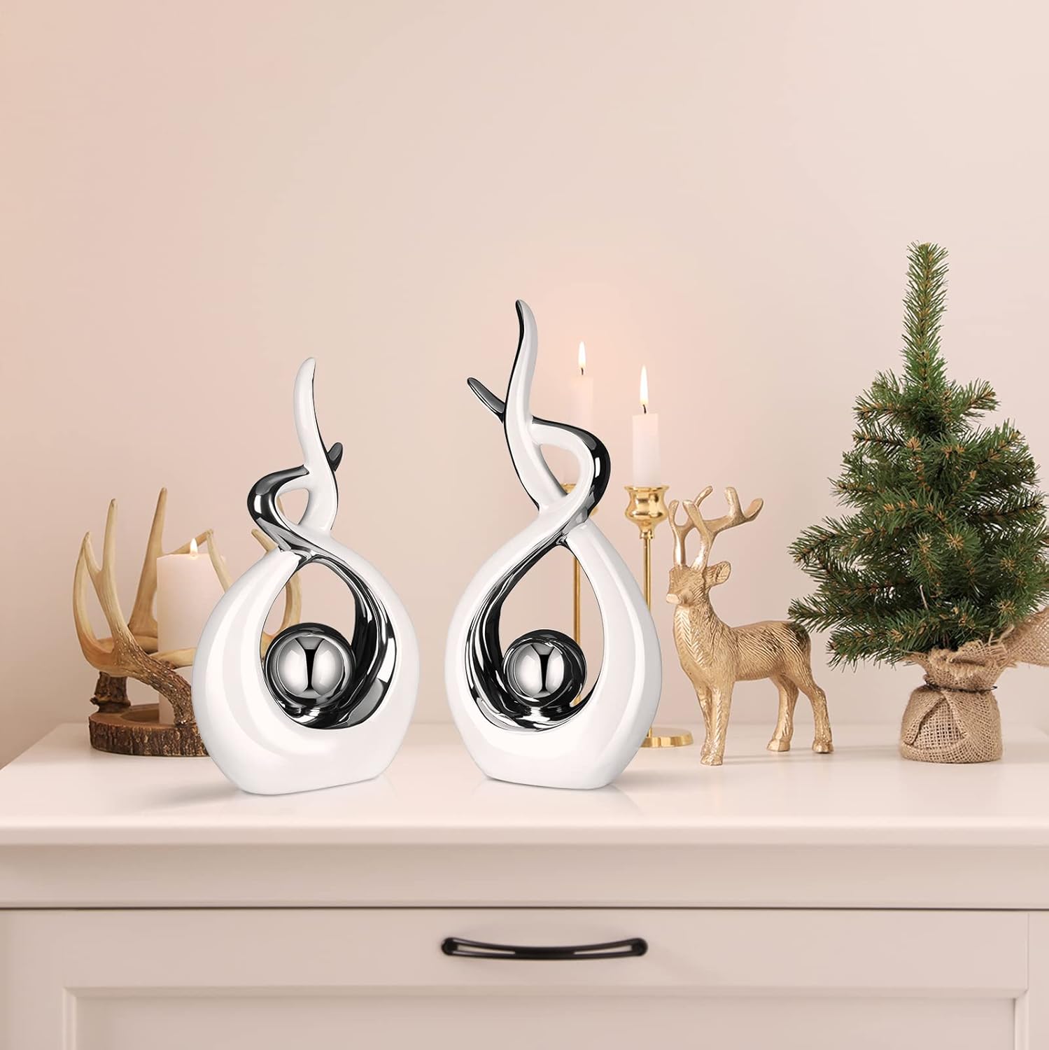 Gerrii 2 Pcs Modern Room Ceramic Decor Center Pieces Table Decorations Ceramic Statue Coffee Table Decor Centerpiece for Home Office Coffee Living Room, 2 Size(White, Silver)