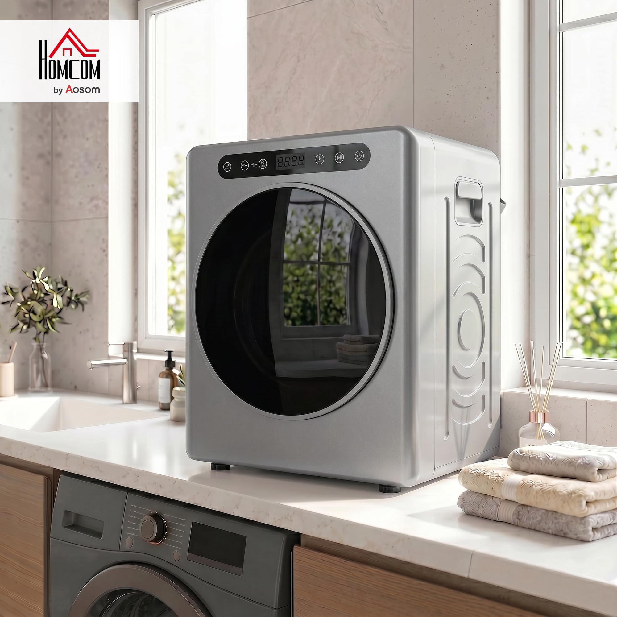 HOMCOM Mini suszarka z wywiewem 5 kg, ze sterylizacją, 6 programów do 60°C, 1000 W, z ekranem dotykowym, program wsteczny nie gniecie się, ze stali nierdzewnej, tryb ekstra suszenia, kolor srebrny