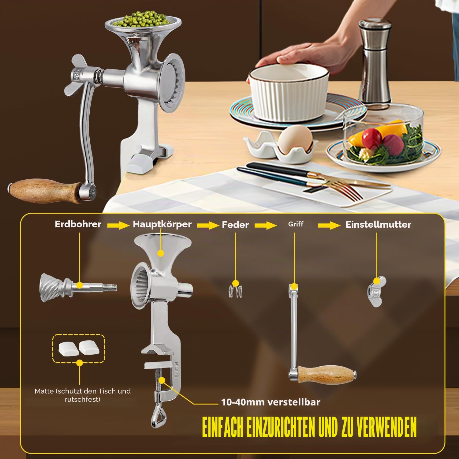 CGOLDENWALL Manuelle Getreidemühle Edelstahl Mohn Mühle Handbetriebene Kaffeemühle mit Feinheit einstellbar Frühling zum Würzen Pfeffer Mais Kichererbsen Kaffeebohnen Körner