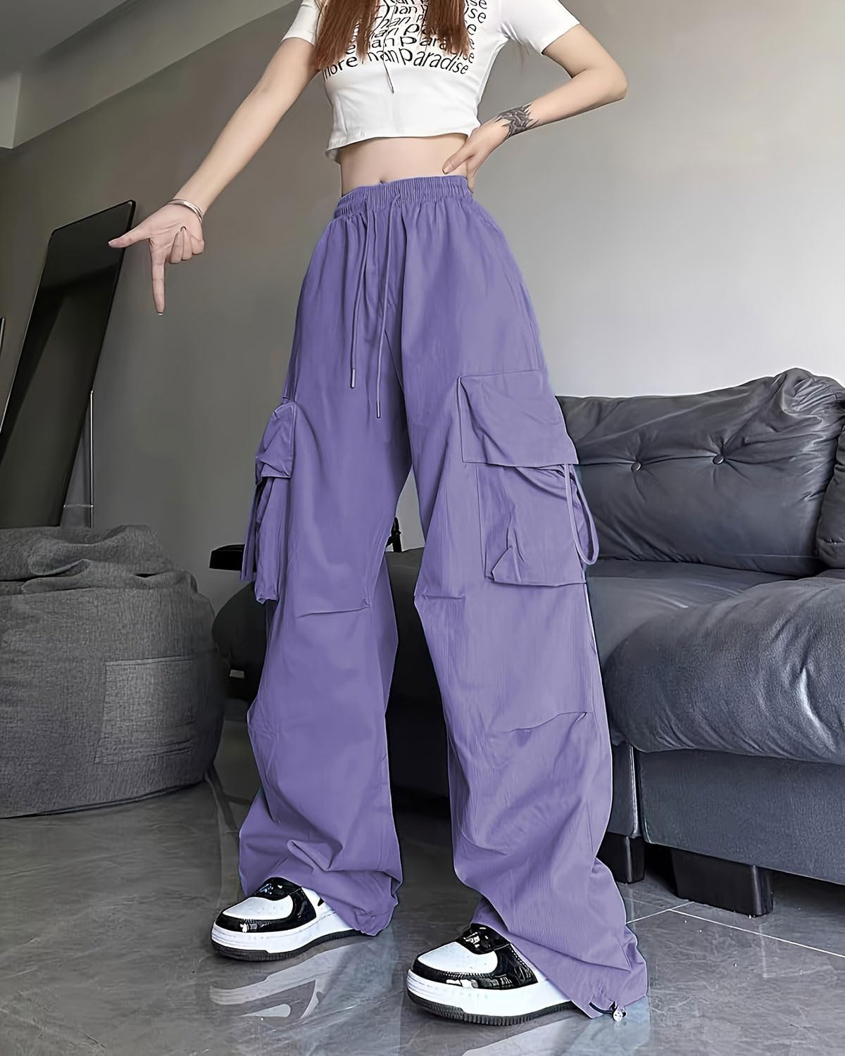 Baggy Parachute Pants for Womens Wide Leg Cargo Pants Y2k with Pockets Boyfriend Harajuku Streetwear Goth