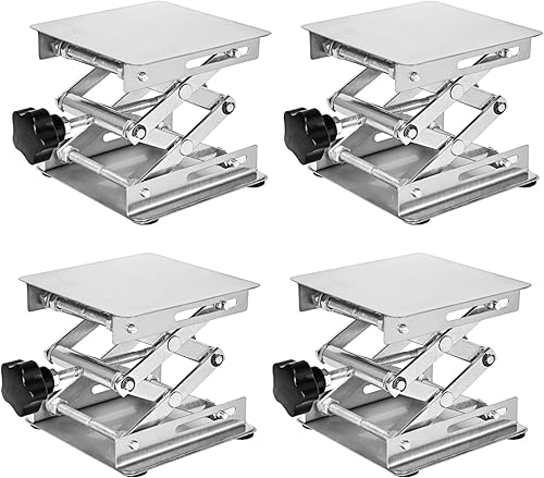 Paquete de 4 conectores de laboratorio para grabador láser, elevador de tijera de acero inoxidable de 4 x 4 pulgadas, gato de mesa con altura