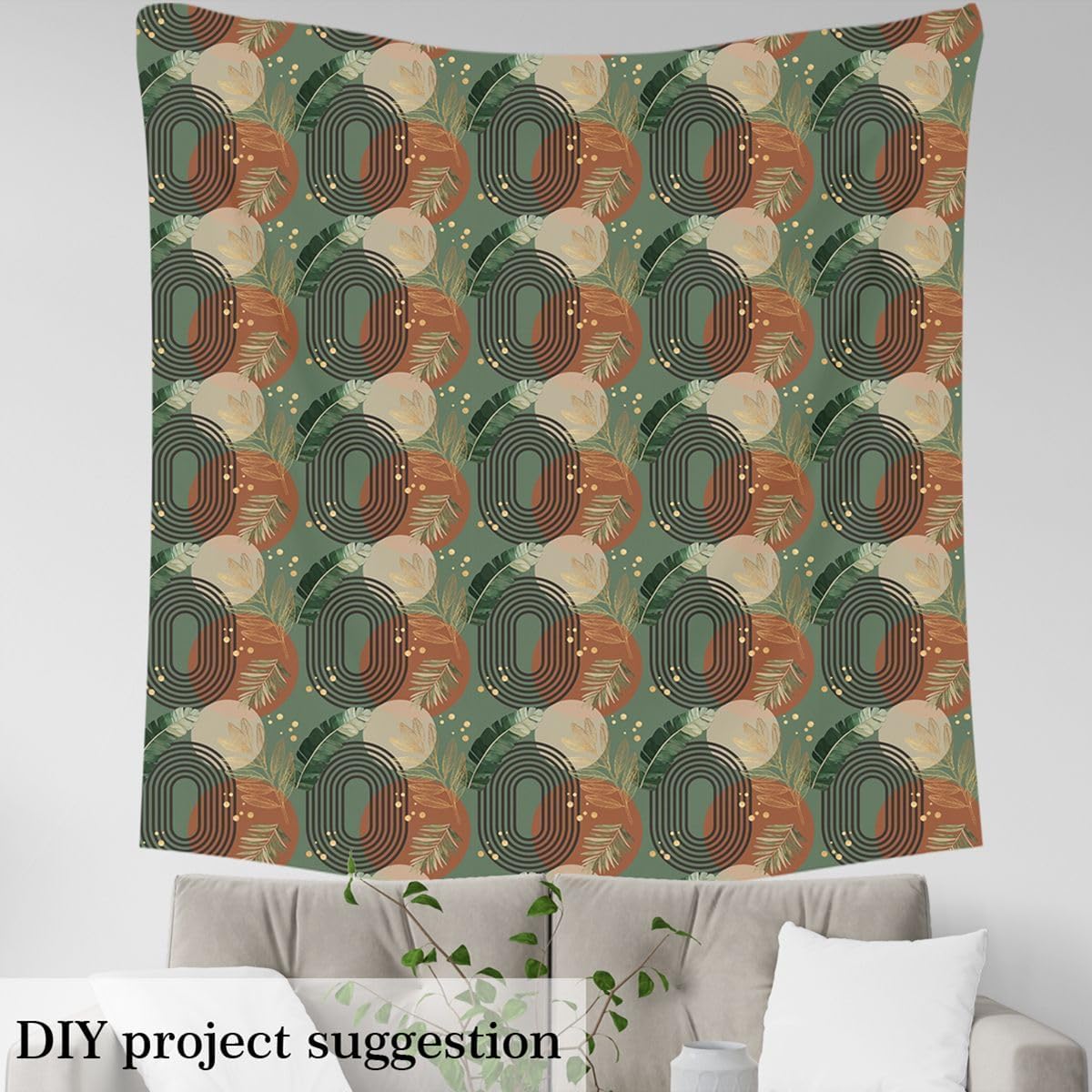 Green and Beige Fabric By The Yard Boho Mid Century Upholstery Fabric 5 Yards Bohemian Retro Leaf Waterproof Outdoor Fabrics Modern Abstract Geometric Decor for DIY Patchwork Sewing Quilting Crafting