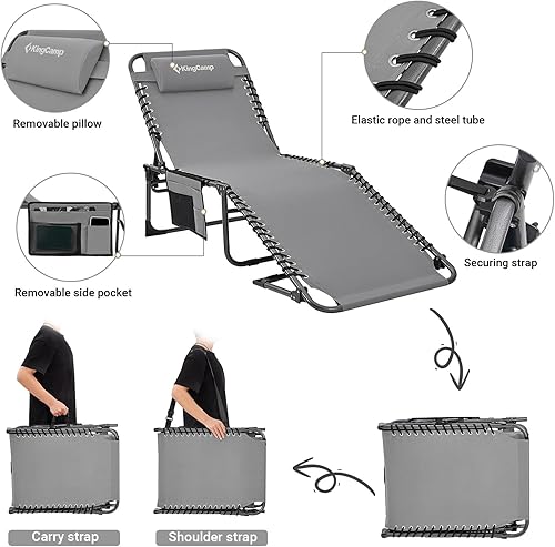 Miniatura 3 de KingCamp Sillón plegable para patio exterior, ajustable, de 5 posiciones, tumbona plegable reclinable con almohada, para patio, piscina, playa,