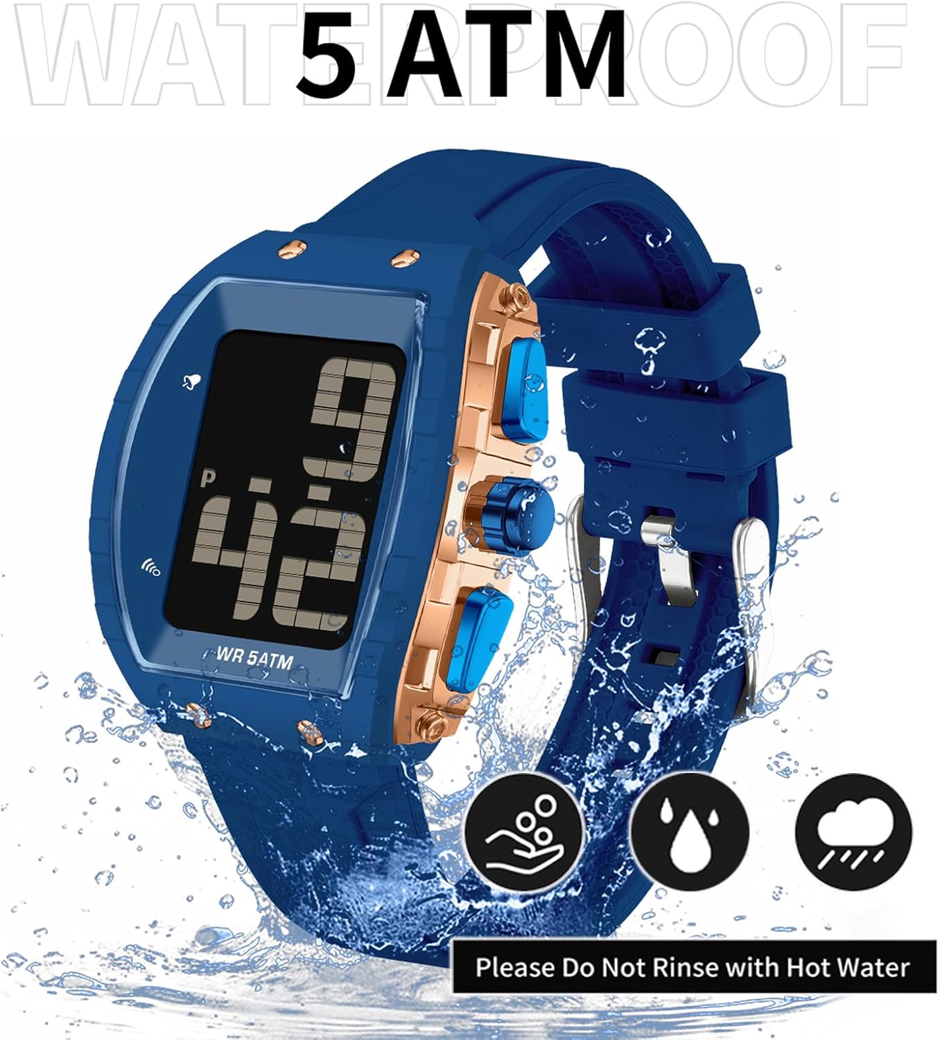Blue findtime Digital Watch Model 7333 with water splashing around it, indicating 5 ATM water resistance. Text warns against rinsing with hot water.