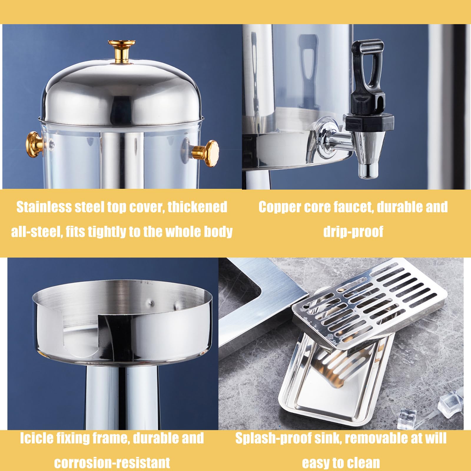 Dispenser per succhi di frutta, in acciaio inox, con rubinetto e contenitore per ghiaccio, per servire bevande fredde e calde, cocktail, acqua e rinfreschi refrigerati