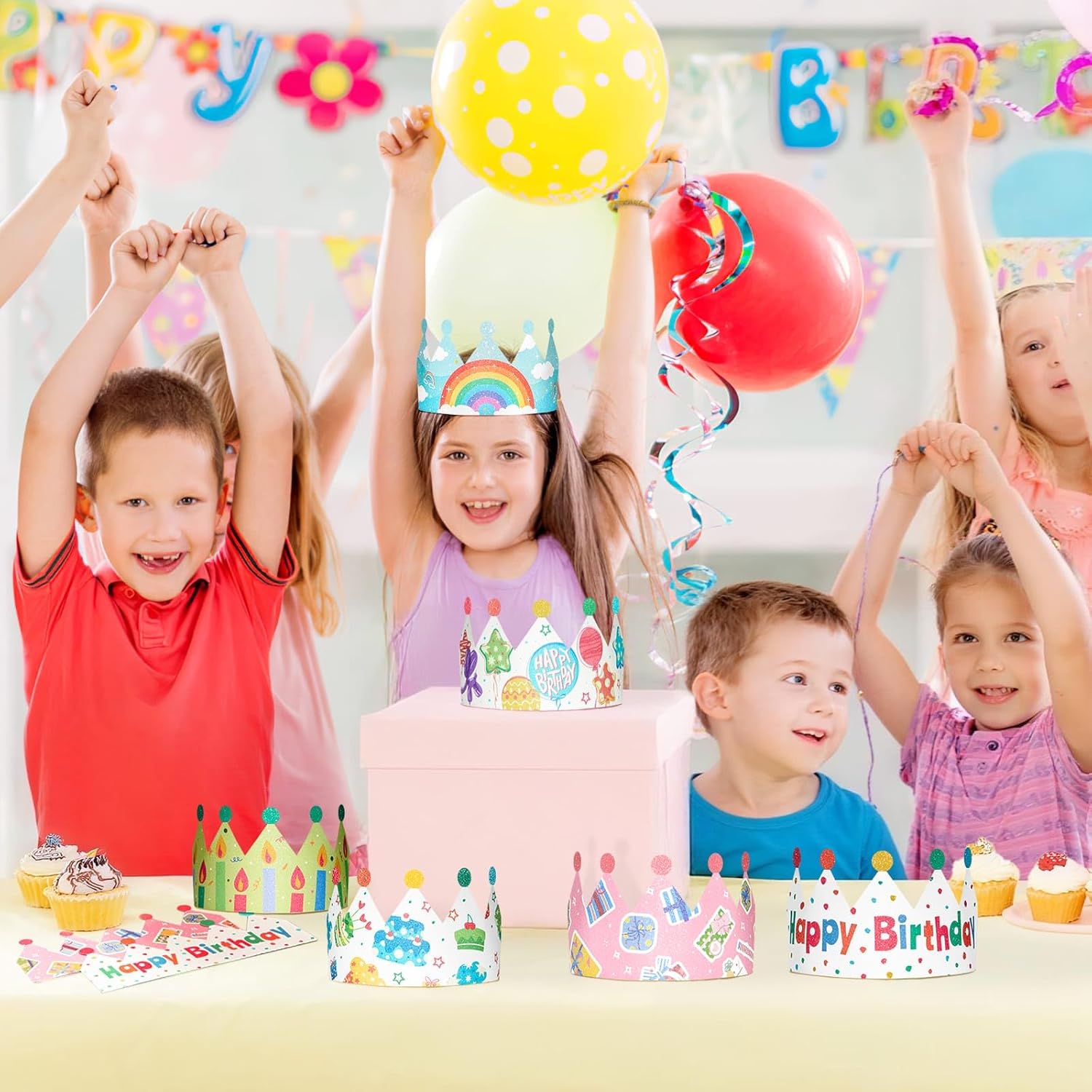 WERNNSAI Birthday Crowns -12PCS Birthday Party Hats with Elastic Band For Family Classroom Party Supplies Colorful Colorful Paper Party Hats