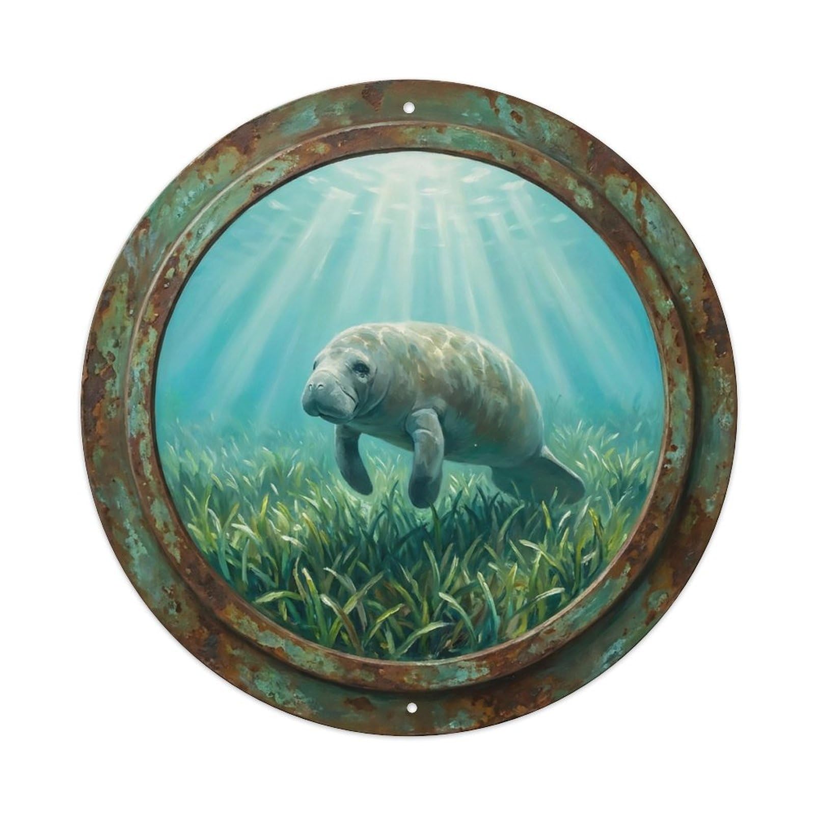 Vintage Porthole Manatee Peaceful Ship Window Undersea Deep Sea Metal Tin Sign