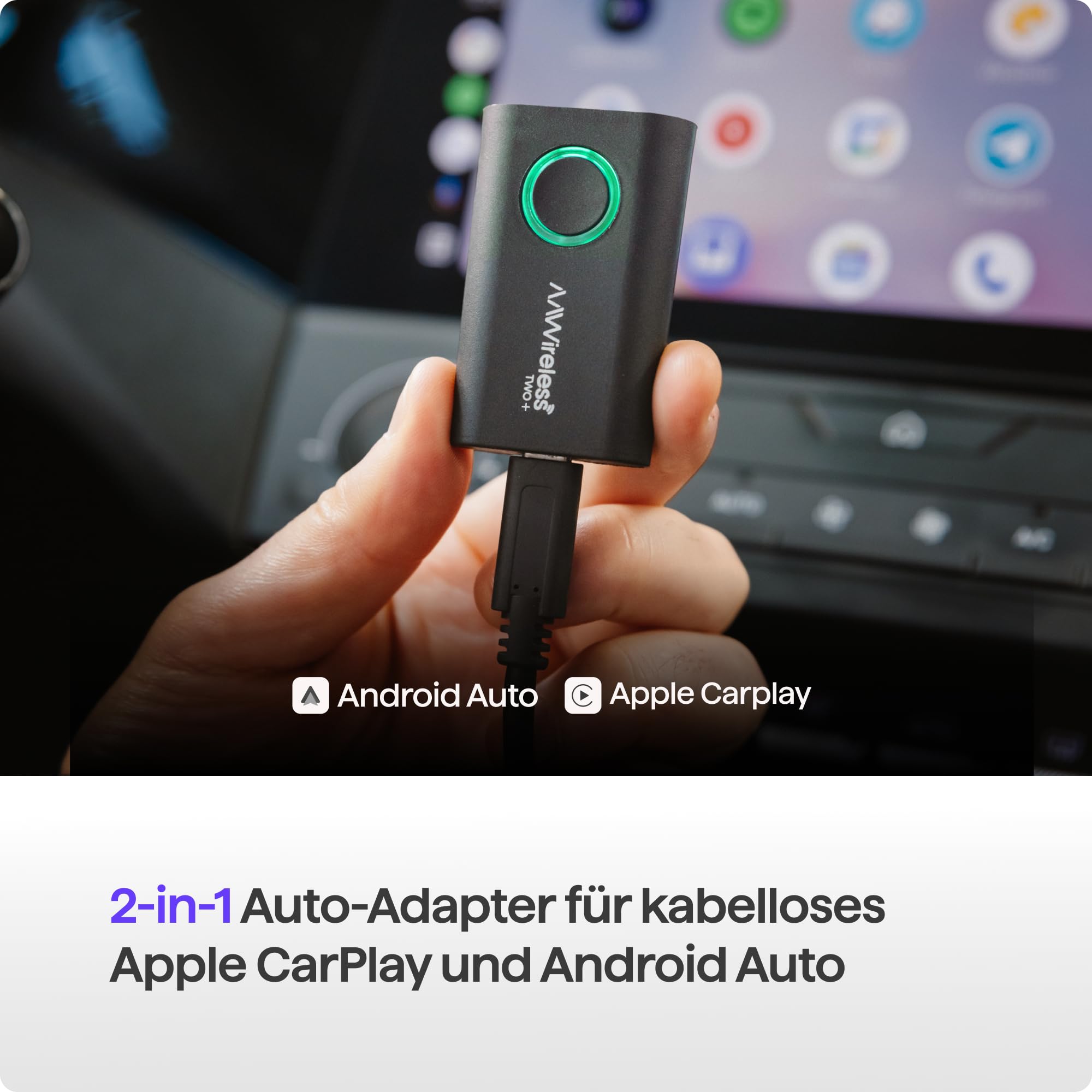 AAWireless Two+ Wireless Carplay Adapter & Android Auto Wireless Adapter 2-in-1 | Kabellose Verbindung via Bluetooth & WiFi | Für iPhone X+ & Android 11+ | Multifunktionsknopf