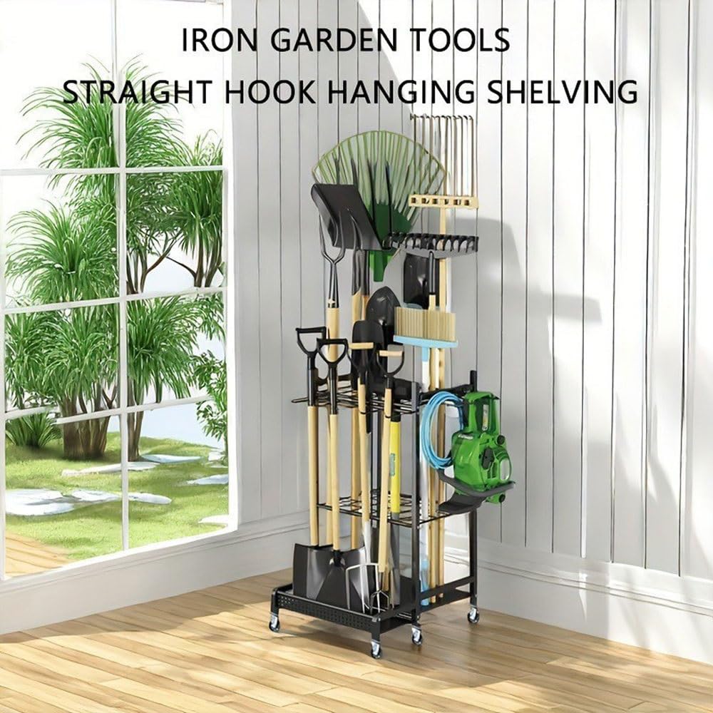 Scaffale per attrezzi resistente, organizer da garage con ruote per attrezzi da giardino, rastrelli, pale e attrezzature con manico lungo
