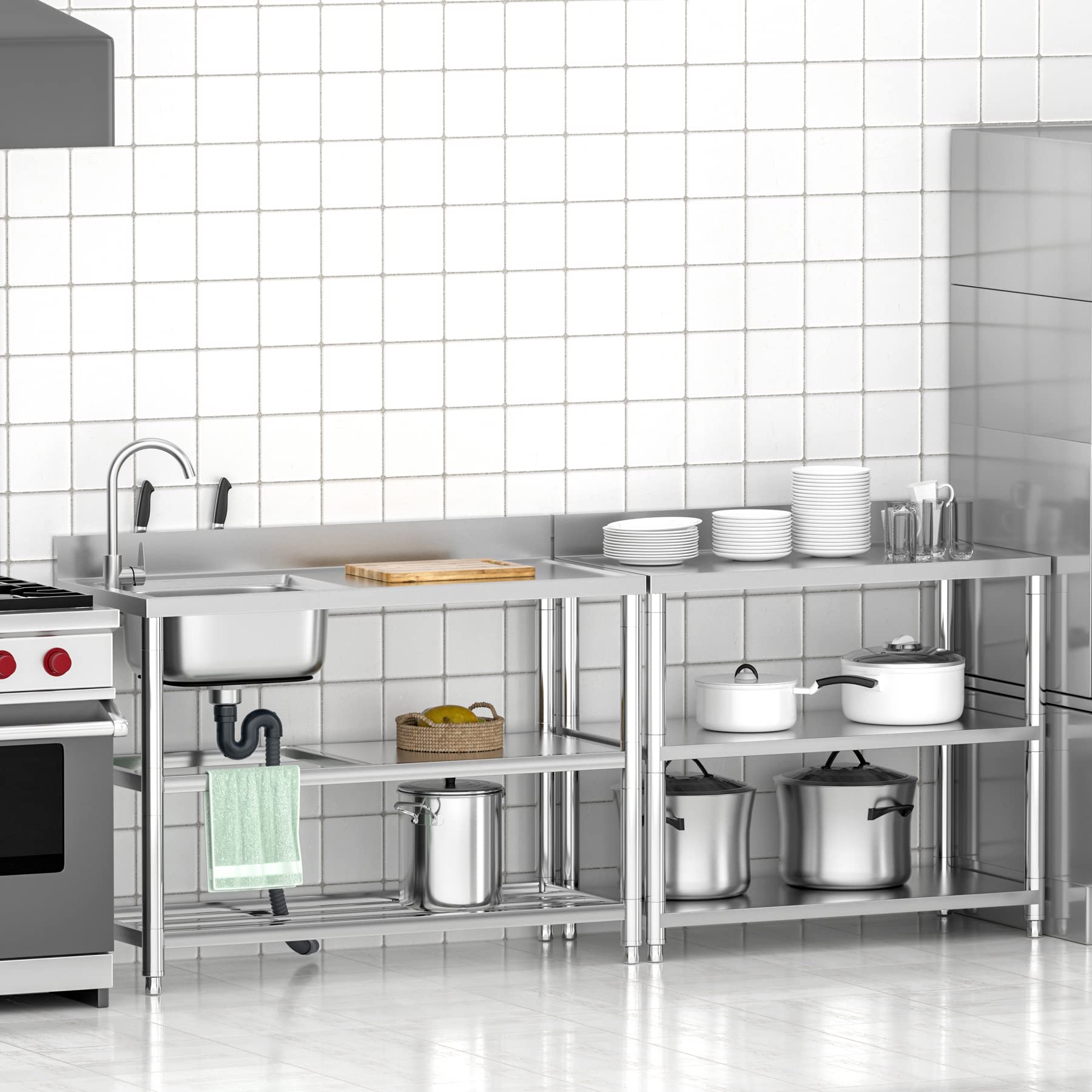Freistehende Edelstahl Spültisch Gastro 1 Becken (Links), 120×50×94 cm Gewerbliche Spülbecken mit Wasserhahn mit Kalt und Warmwasserschläuchen, Ablassvorrichtung, für Außen, Innen, Küche, Restaurant