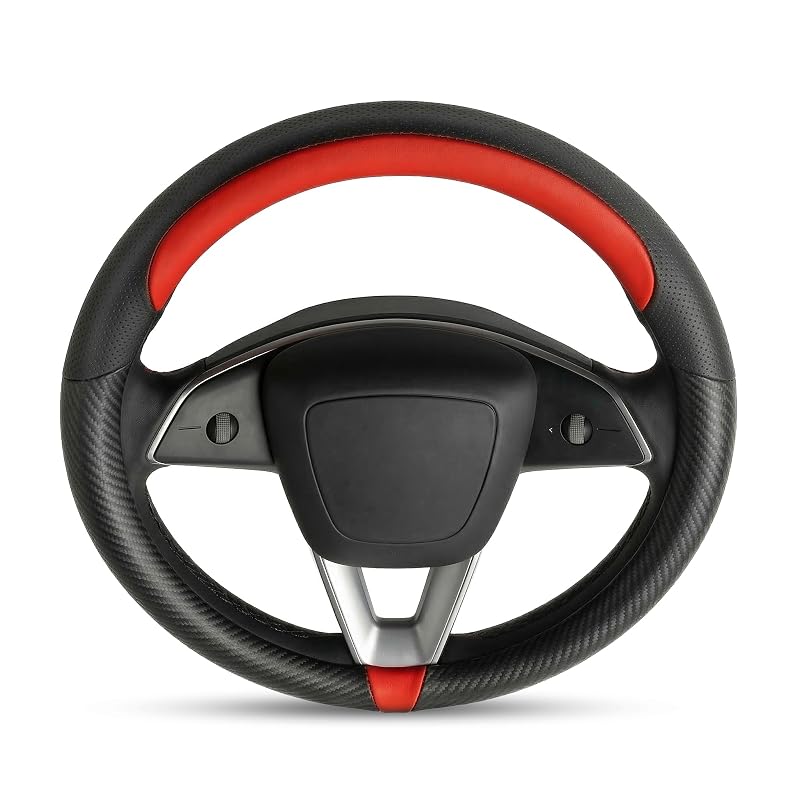 Capa para Volante Tesla Model 3 e Model Y em Fibra de Carbono Preta e Couro Vermelho Napa Junsungo TS-3Y