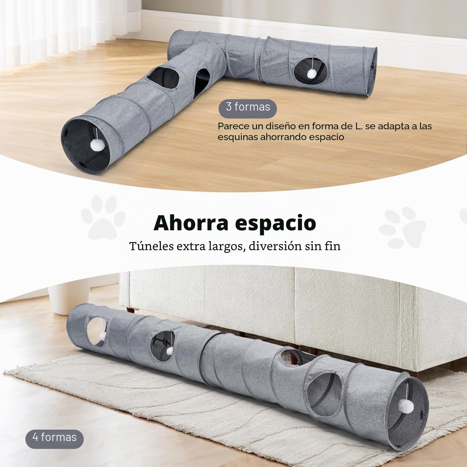 Túnel para gatos, 3 túneles de forma recta, 6 formas de bricolaje con juguetes de varita, sin ruido, resistente a los arañazos, tela de lino fresco, tubo interactivo para gatos de interior, cachorros