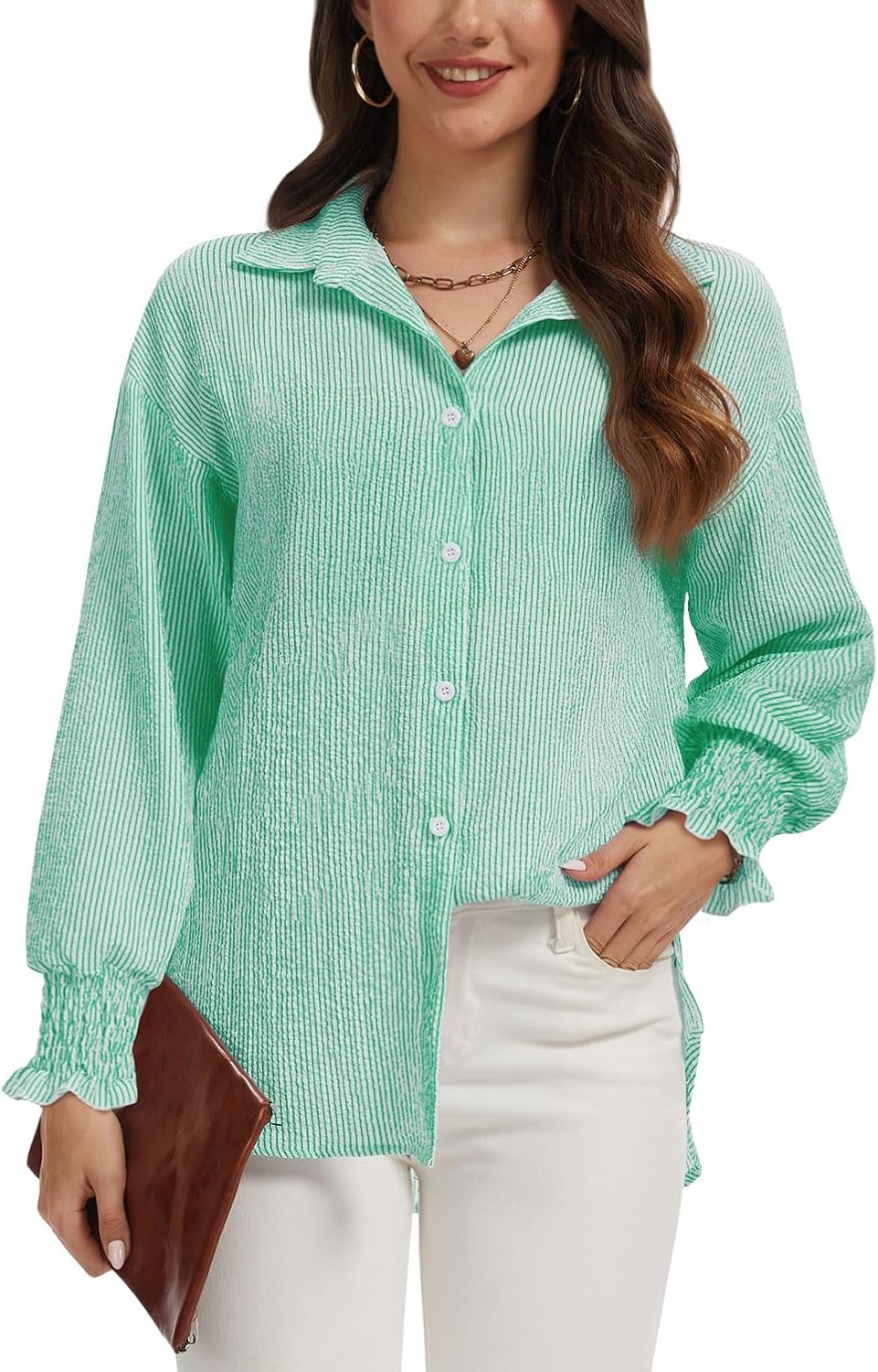 WEACZZY Women's Striped Button Down Shirts Long Sleeve Smocked Cuffed Oversized Boyfriend Blouses Collared Causal Tops