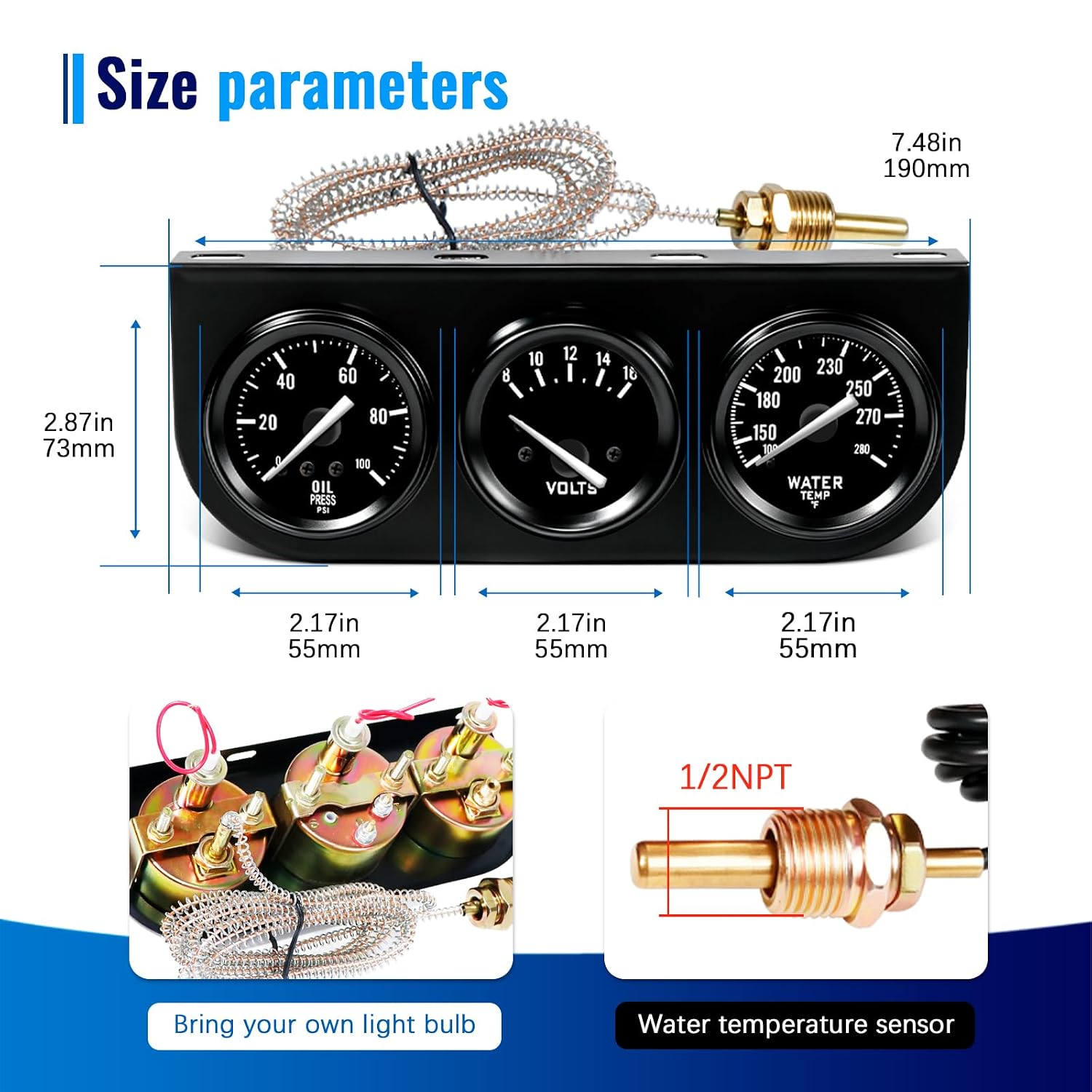 2" 52mm 3-in-1 Triple Gauge Set, 0-100 PSI Oil Pressure Gauge, 100-280°F Water Temp Gauge, 8V-16V Volt Gauge, Auto Triple Gauge Kit for Car, Truck & Pickup