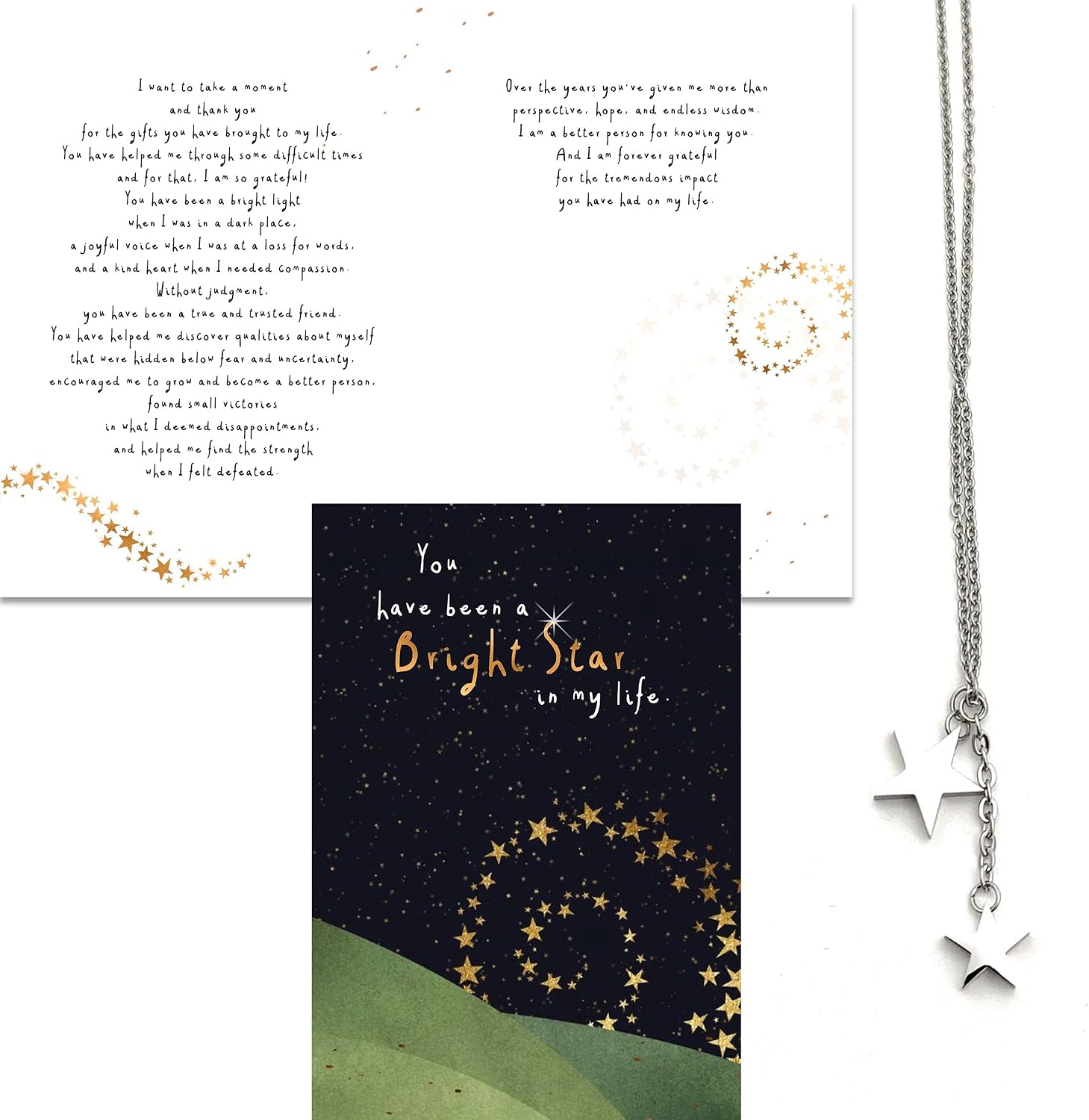 Smiling Wisdom - You Are A Bright Star in My Life Friendship Appreciation Greeting Card and Double Dangle Star Necklace Gift Set - Woman Friend, Mother, Mentor, Grandmother - Stainless Steel